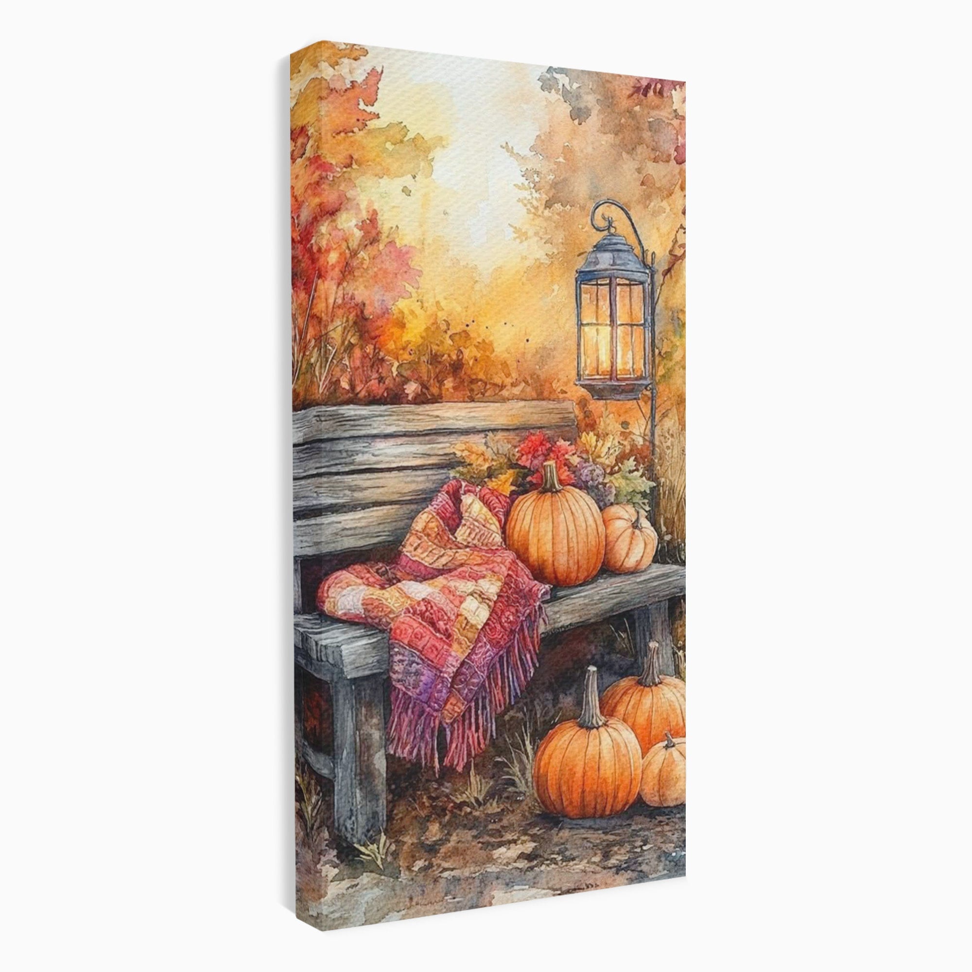 Tablou Canvas Premium LuxCanva® PI1119, Banca De Toamna, Felinar, Banca, Dovleci, Living, Peisaj, Culori Calde, Culori Vibrante