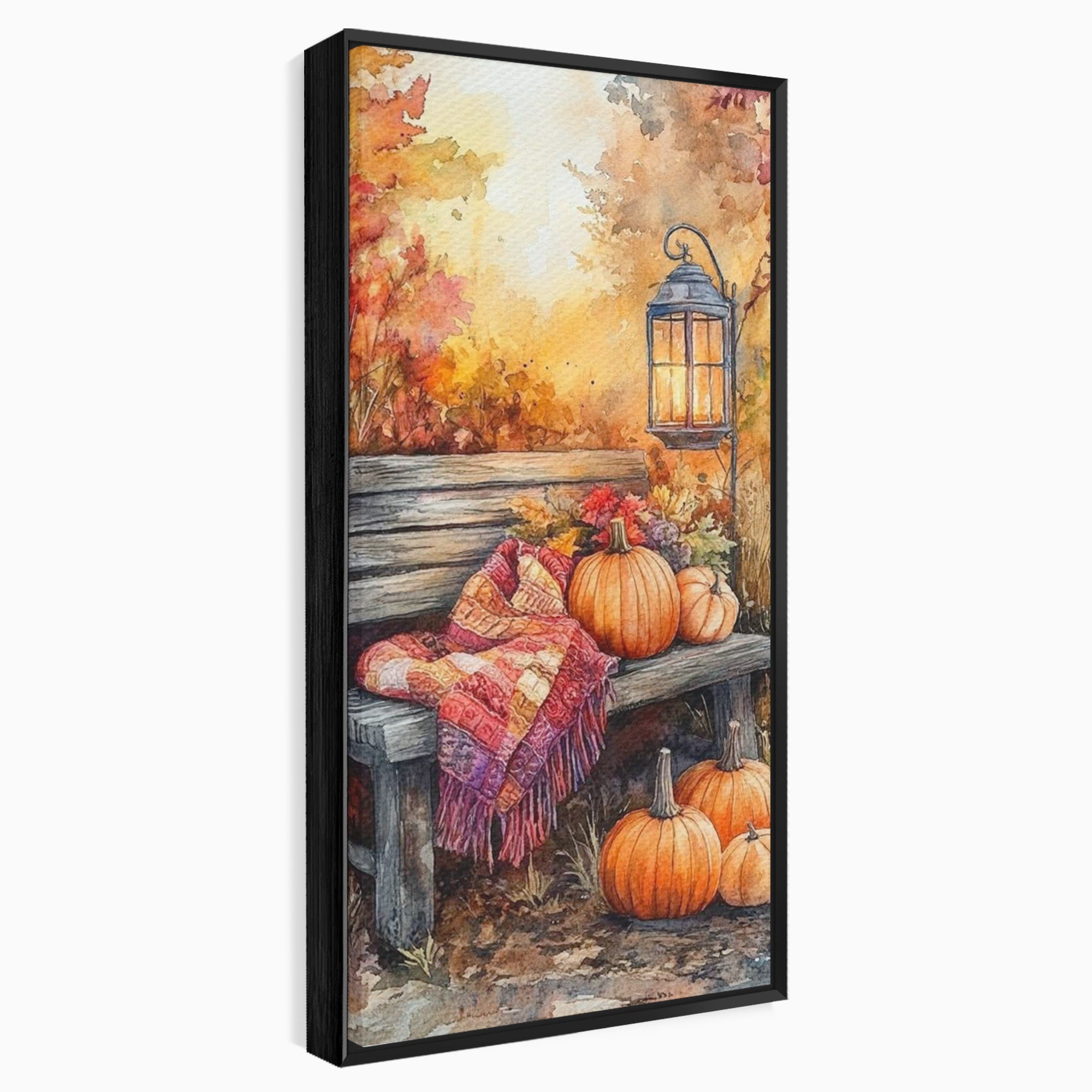 Tablou Canvas Premium LuxCanva® PI1119, Banca De Toamna, Felinar, Banca, Dovleci, Living, Peisaj, Culori Calde, Culori Vibrante