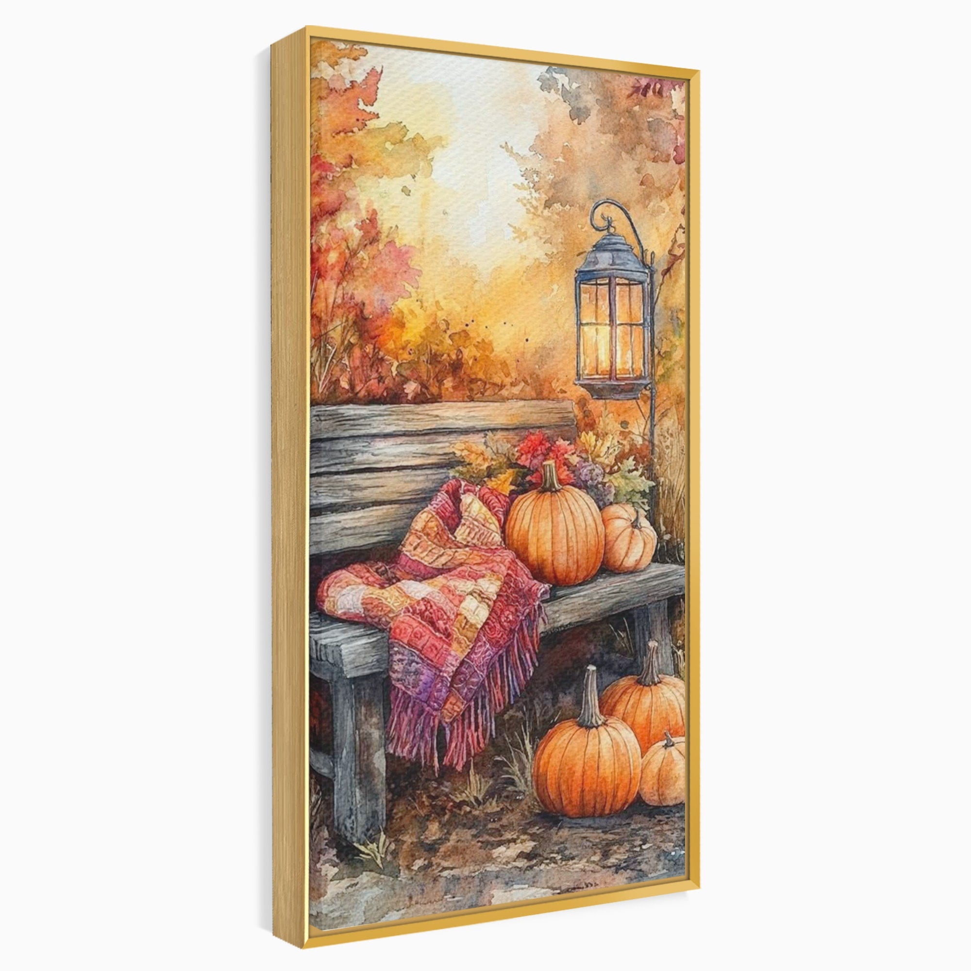 Tablou Canvas Premium LuxCanva® PI1119, Banca De Toamna, Felinar, Banca, Dovleci, Living, Peisaj, Culori Calde, Culori Vibrante