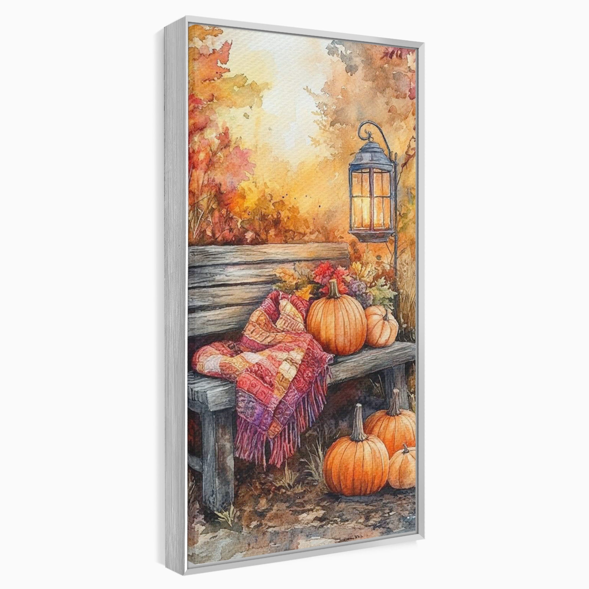 Tablou Canvas Premium LuxCanva® PI1119, Banca De Toamna, Felinar, Banca, Dovleci, Living, Peisaj, Culori Calde, Culori Vibrante