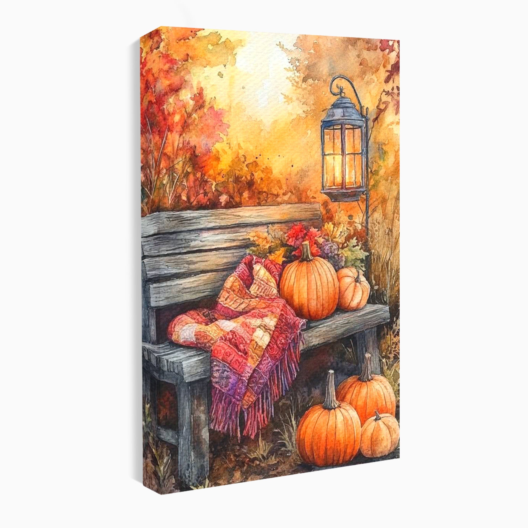 Tablou Canvas Premium LuxCanva® PI1119, Banca De Toamna, Felinar, Banca, Dovleci, Living, Peisaj, Culori Calde, Culori Vibrante