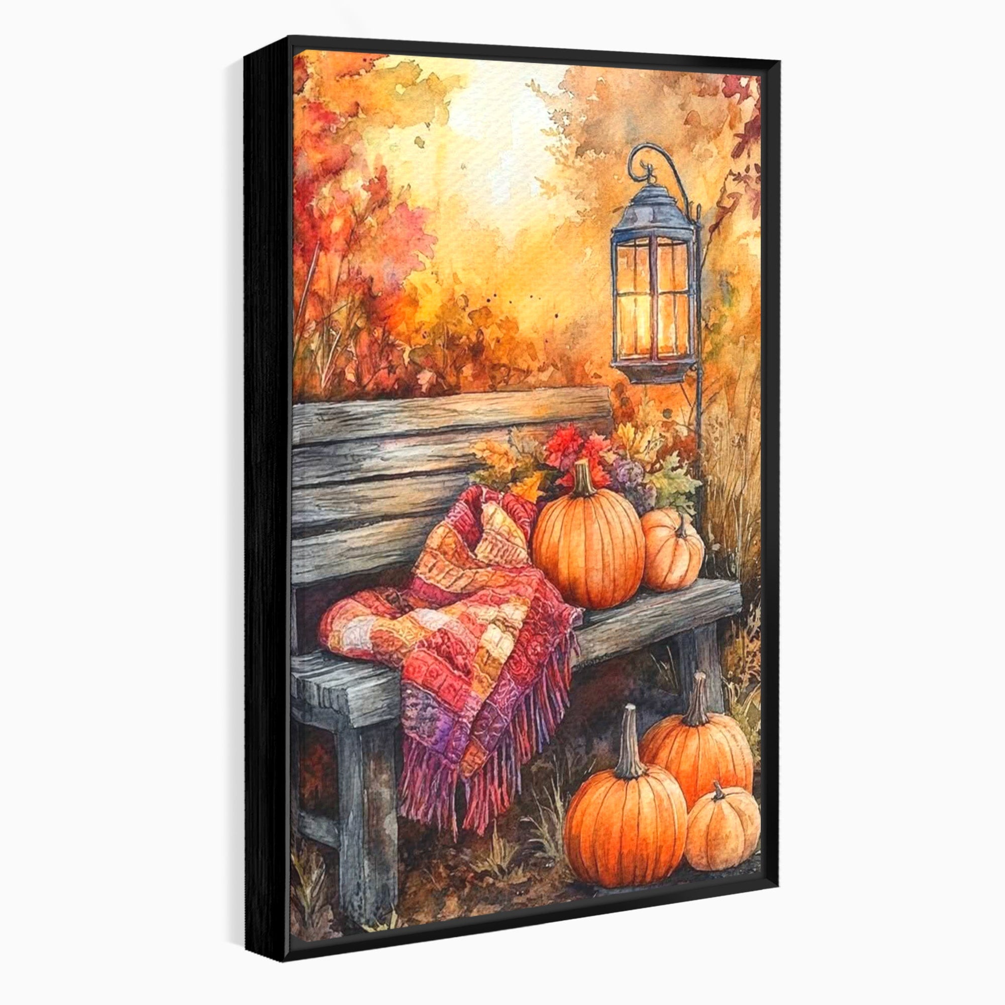 Tablou Canvas Premium LuxCanva® PI1119, Banca De Toamna, Felinar, Banca, Dovleci, Living, Peisaj, Culori Calde, Culori Vibrante