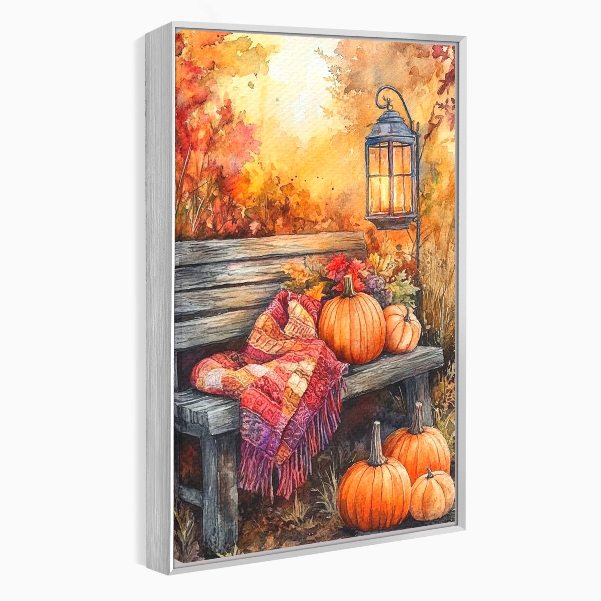 Tablou Canvas Premium LuxCanva® PI1119, Banca De Toamna, Felinar, Banca, Dovleci, Living, Peisaj, Culori Calde, Culori Vibrante