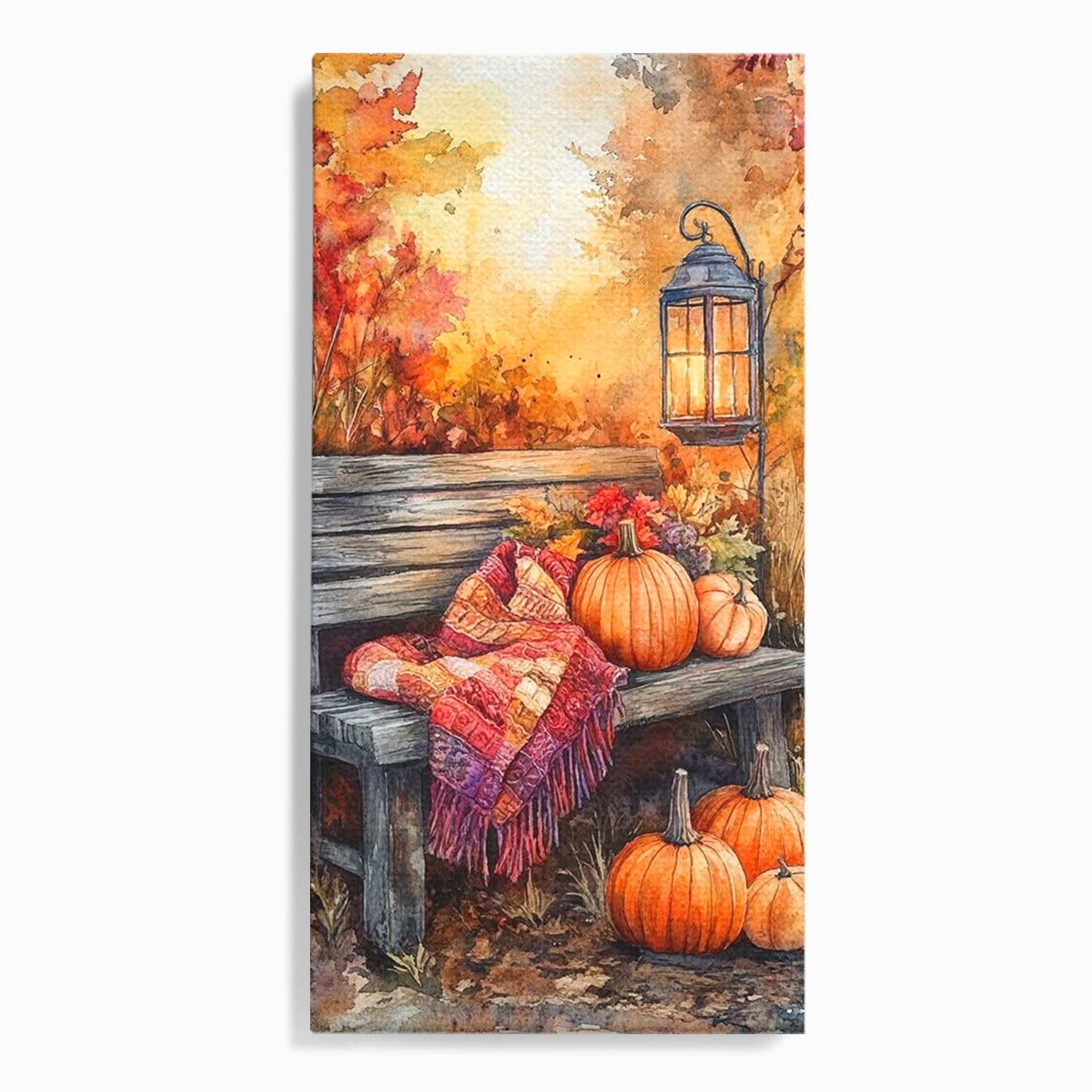 Tablou Canvas Premium LuxCanva® PI1119, Banca De Toamna, Felinar, Banca, Dovleci, Living, Peisaj, Culori Calde, Culori Vibrante