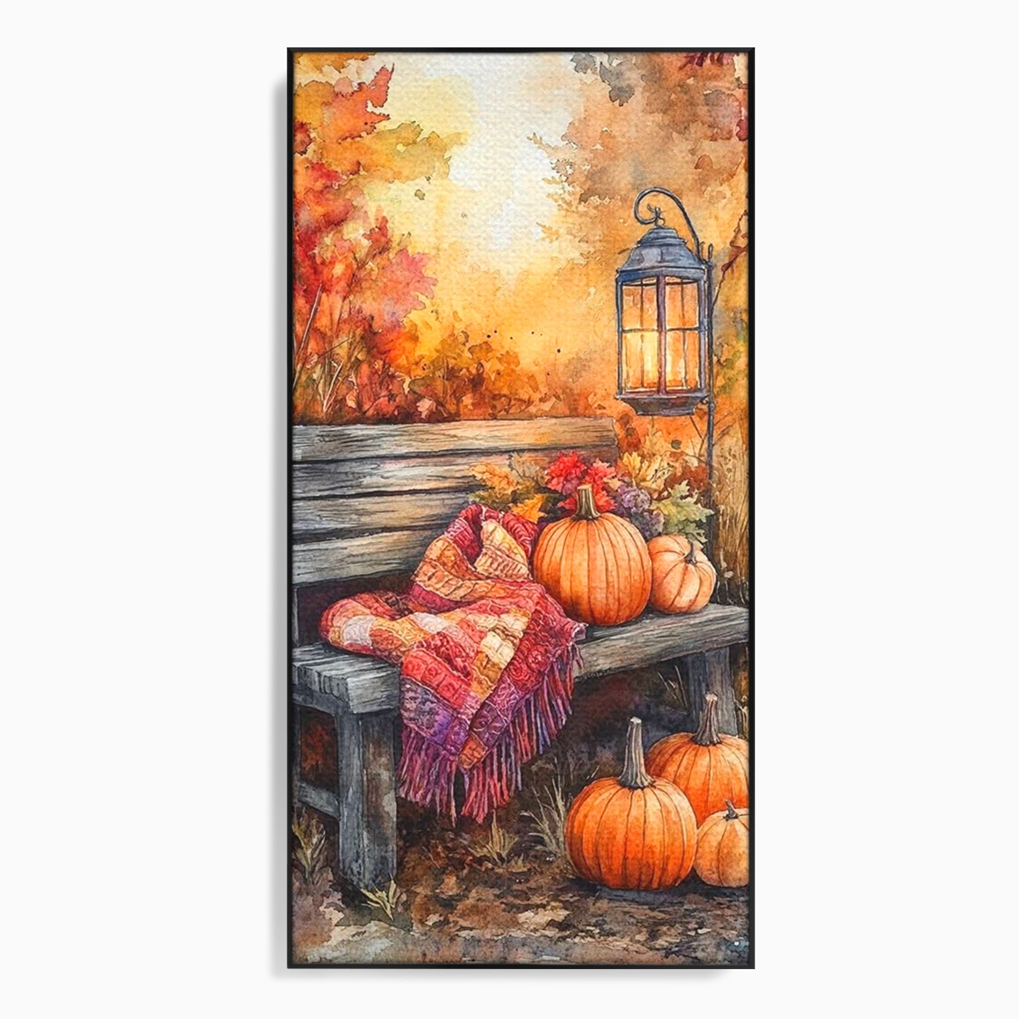 Tablou Canvas Premium LuxCanva® PI1119, Banca De Toamna, Felinar, Banca, Dovleci, Living, Peisaj, Culori Calde, Culori Vibrante
