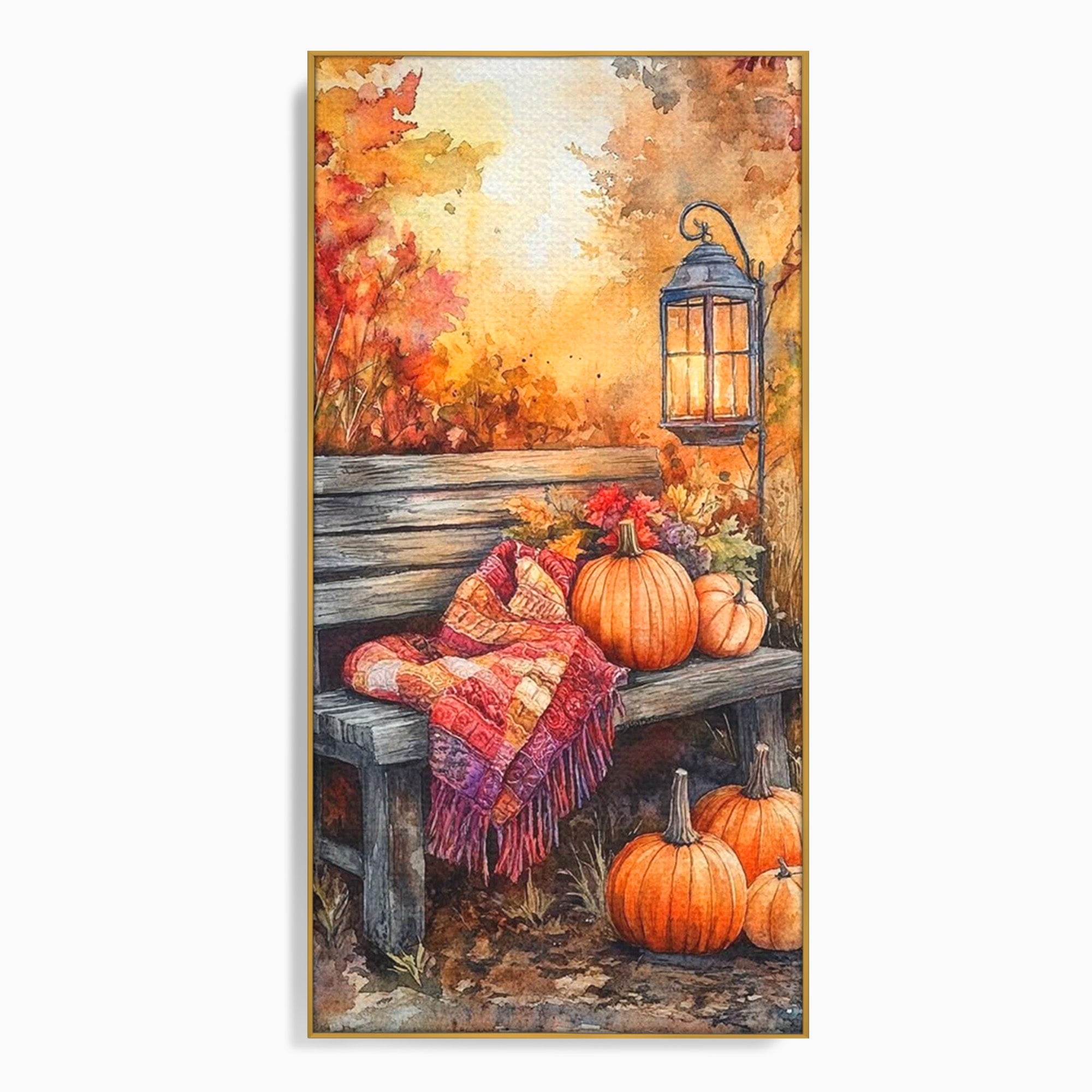 Tablou Canvas Premium LuxCanva® PI1119, Banca De Toamna, Felinar, Banca, Dovleci, Living, Peisaj, Culori Calde, Culori Vibrante