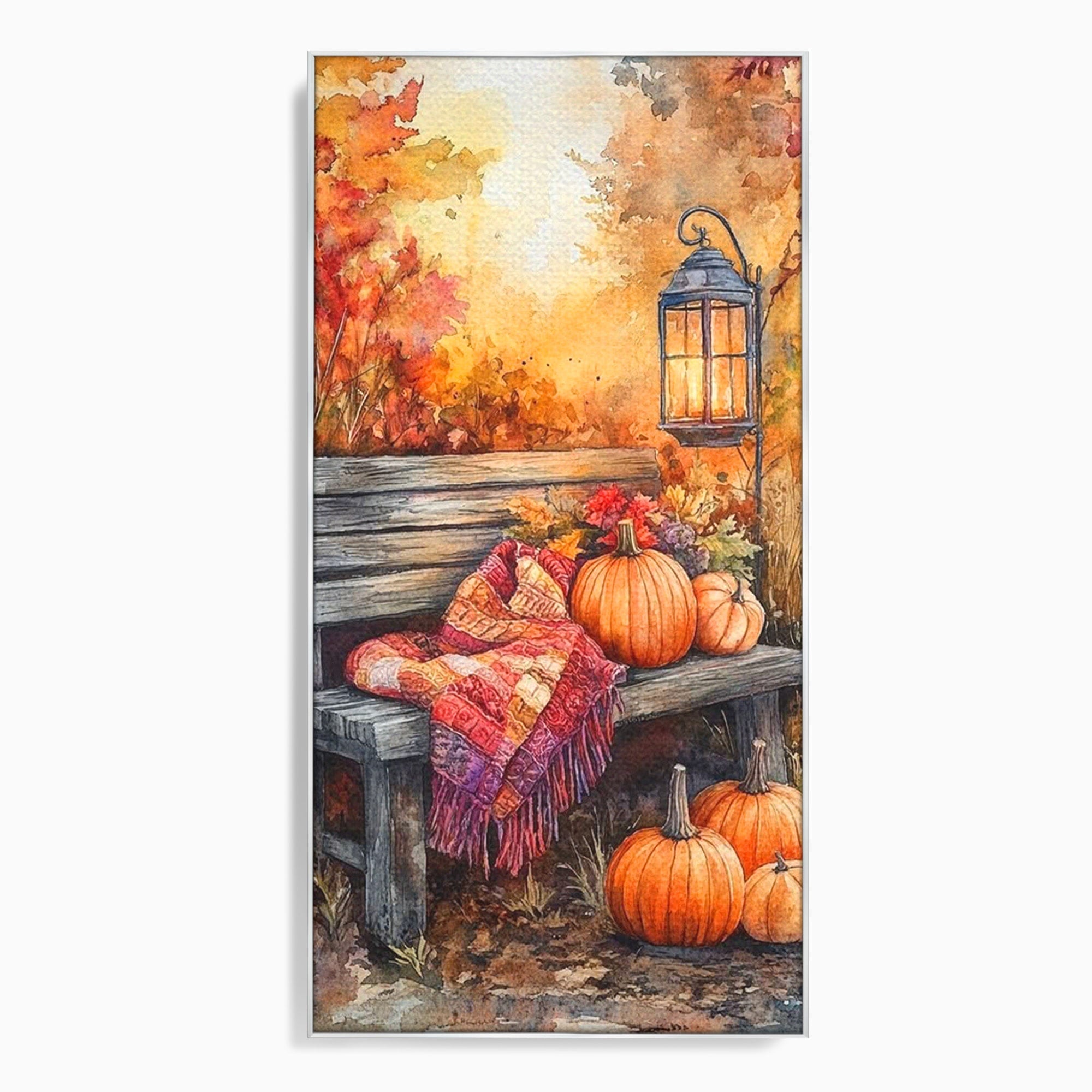 Tablou Canvas Premium LuxCanva® PI1119, Banca De Toamna, Felinar, Banca, Dovleci, Living, Peisaj, Culori Calde, Culori Vibrante