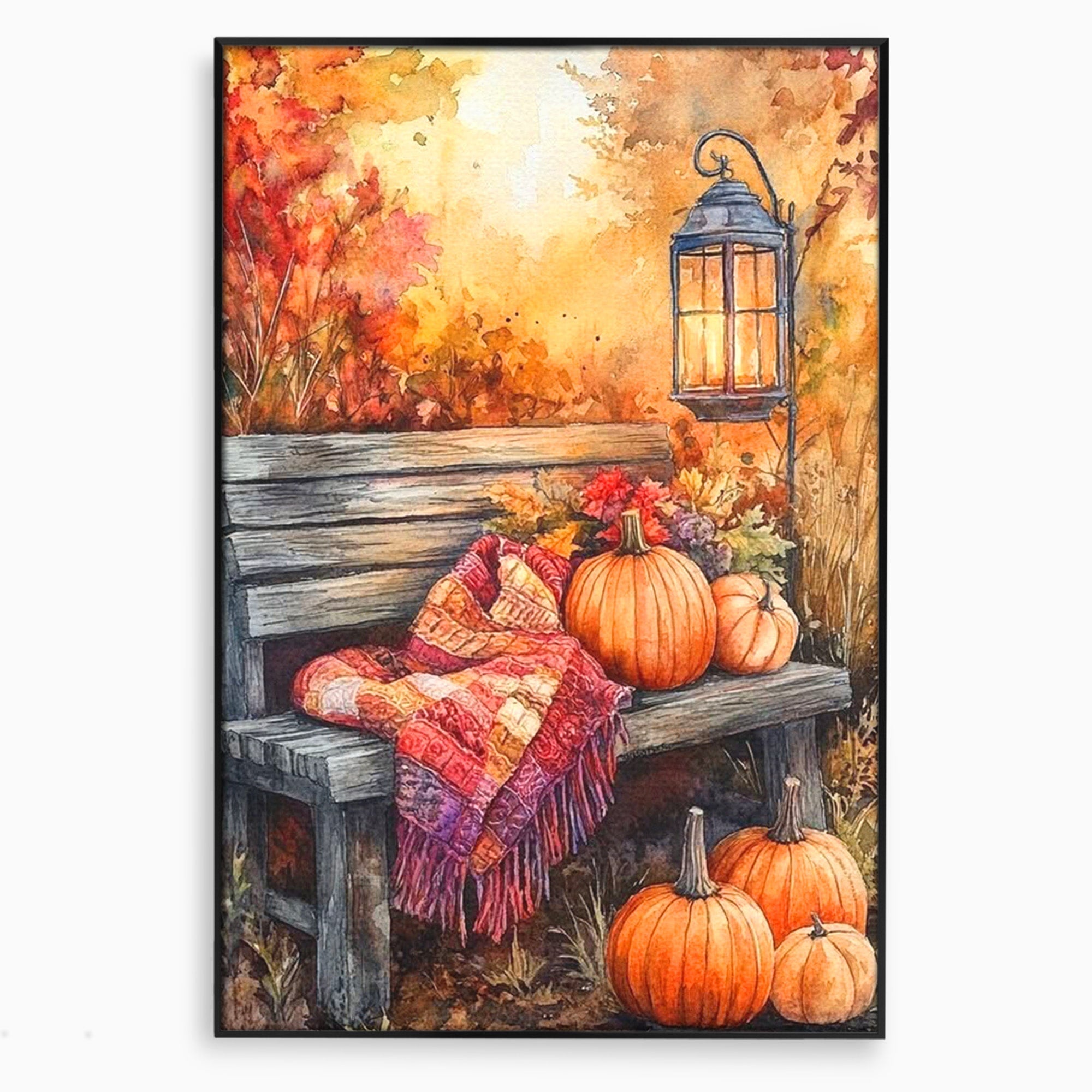 Tablou Canvas Premium LuxCanva® PI1119, Banca De Toamna, Felinar, Banca, Dovleci, Living, Peisaj, Culori Calde, Culori Vibrante
