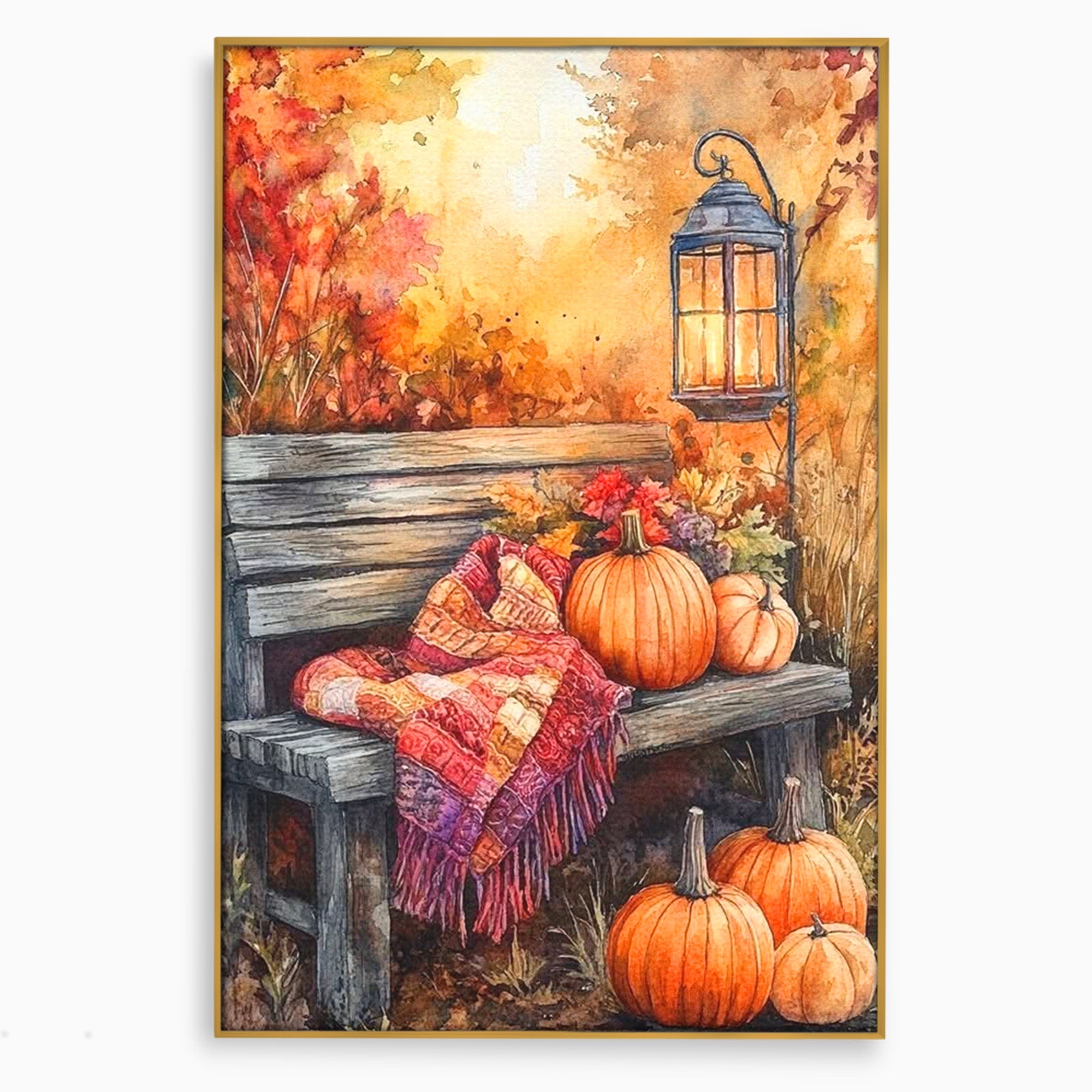 Tablou Canvas Premium LuxCanva® PI1119, Banca De Toamna, Felinar, Banca, Dovleci, Living, Peisaj, Culori Calde, Culori Vibrante