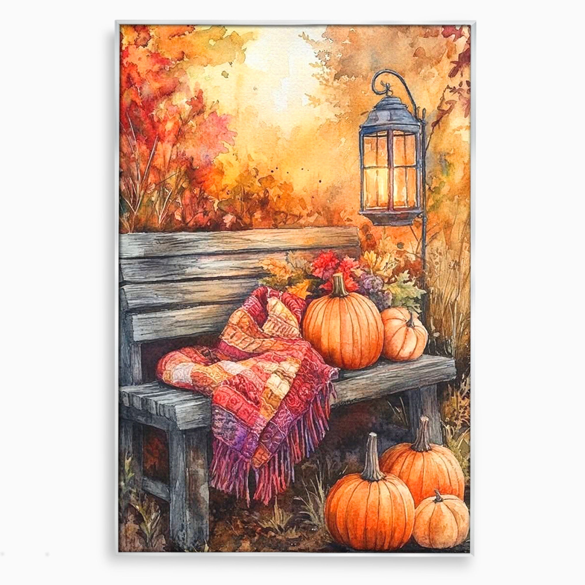 Tablou Canvas Premium LuxCanva® PI1119, Banca De Toamna, Felinar, Banca, Dovleci, Living, Peisaj, Culori Calde, Culori Vibrante