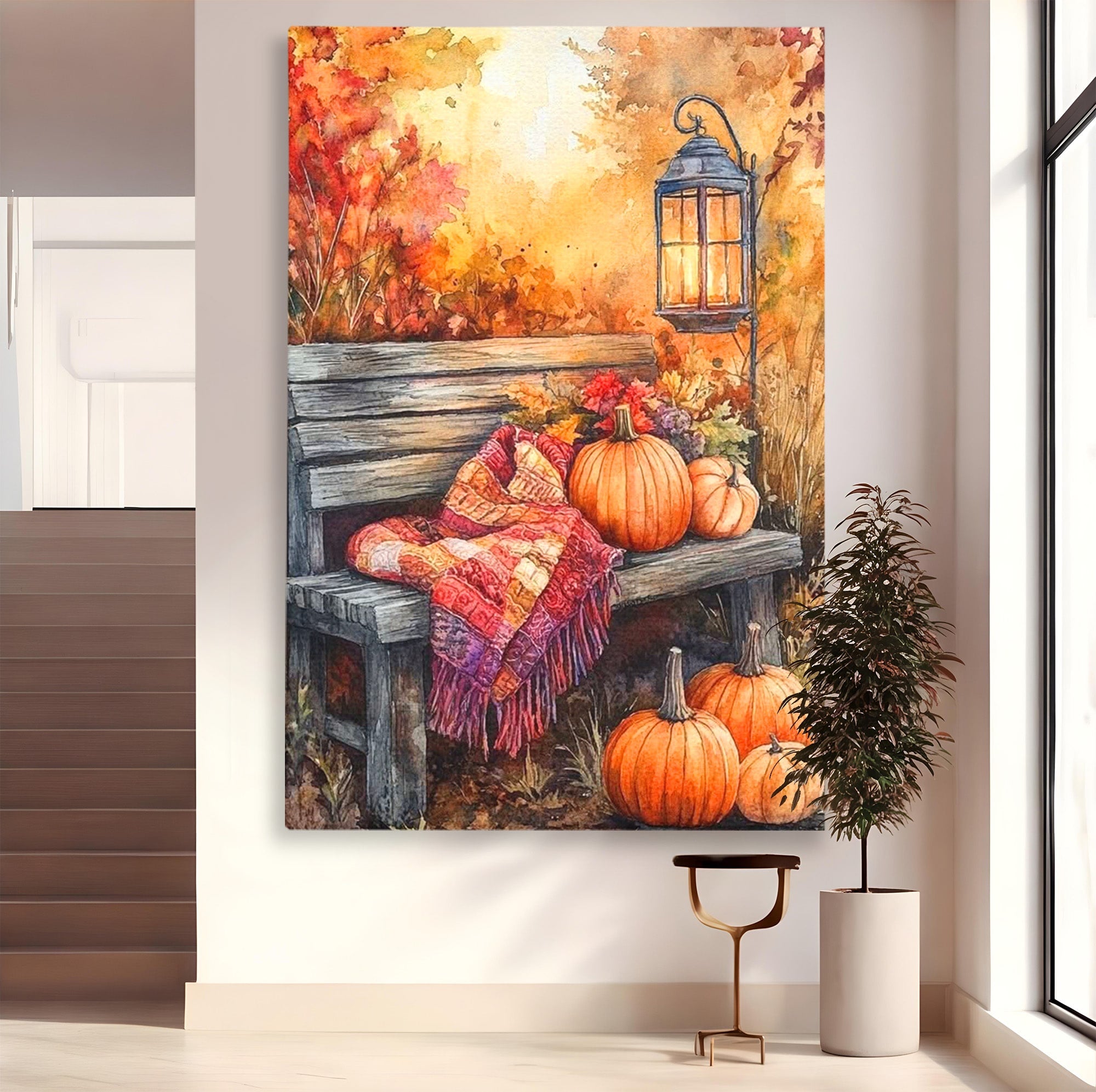 Tablou Canvas Premium LuxCanva® PI1119, Banca De Toamna, Felinar, Banca, Dovleci, Living, Peisaj, Culori Calde, Culori Vibrante