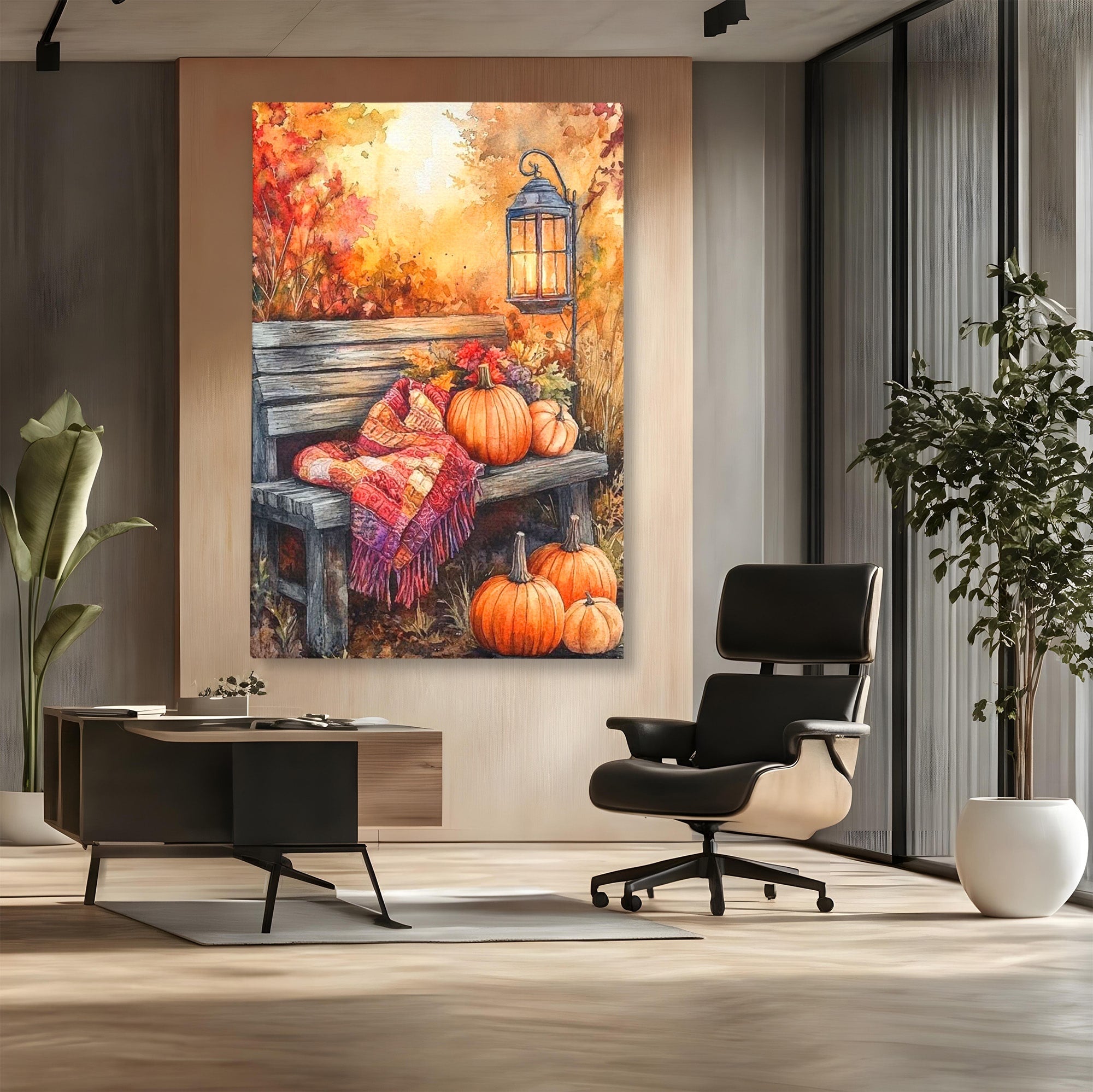 Tablou Canvas Premium LuxCanva® PI1119, Banca De Toamna, Felinar, Banca, Dovleci, Living, Peisaj, Culori Calde, Culori Vibrante