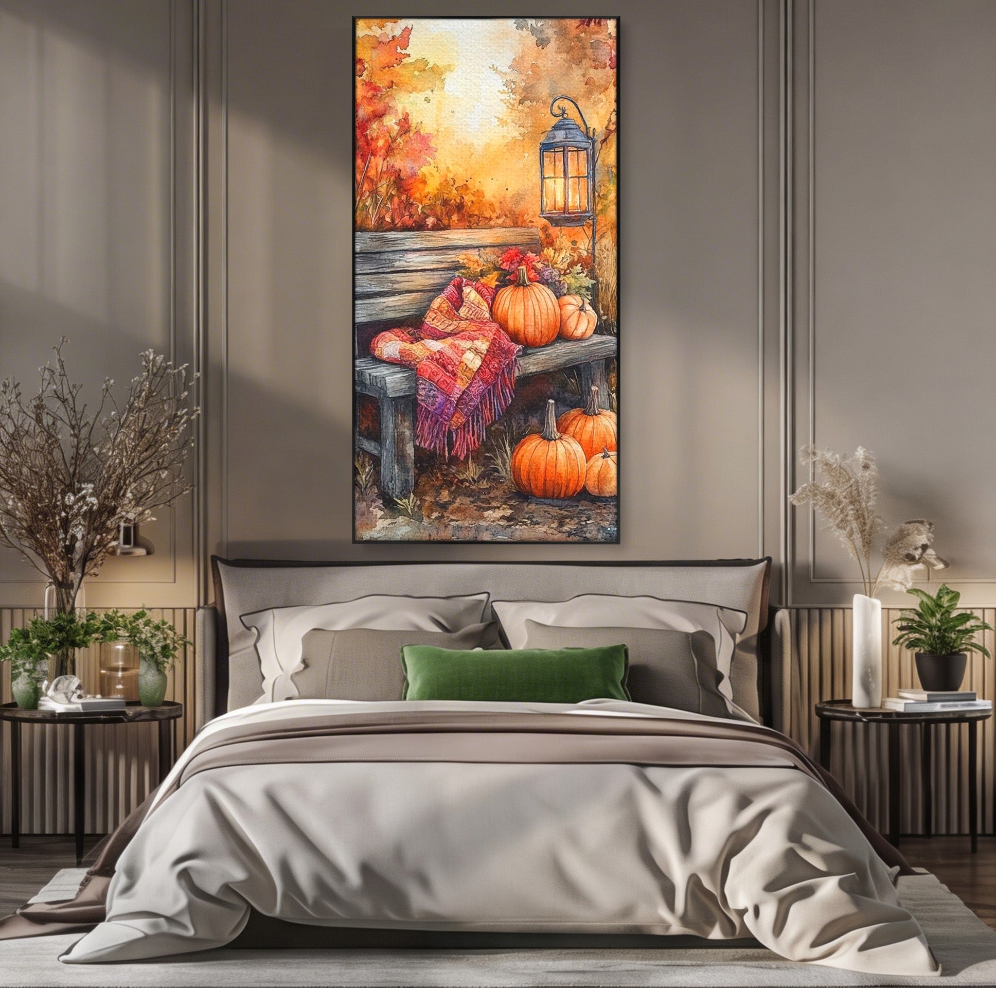 Tablou Canvas Premium LuxCanva® PI1119, Banca De Toamna, Felinar, Banca, Dovleci, Living, Peisaj, Culori Calde, Culori Vibrante