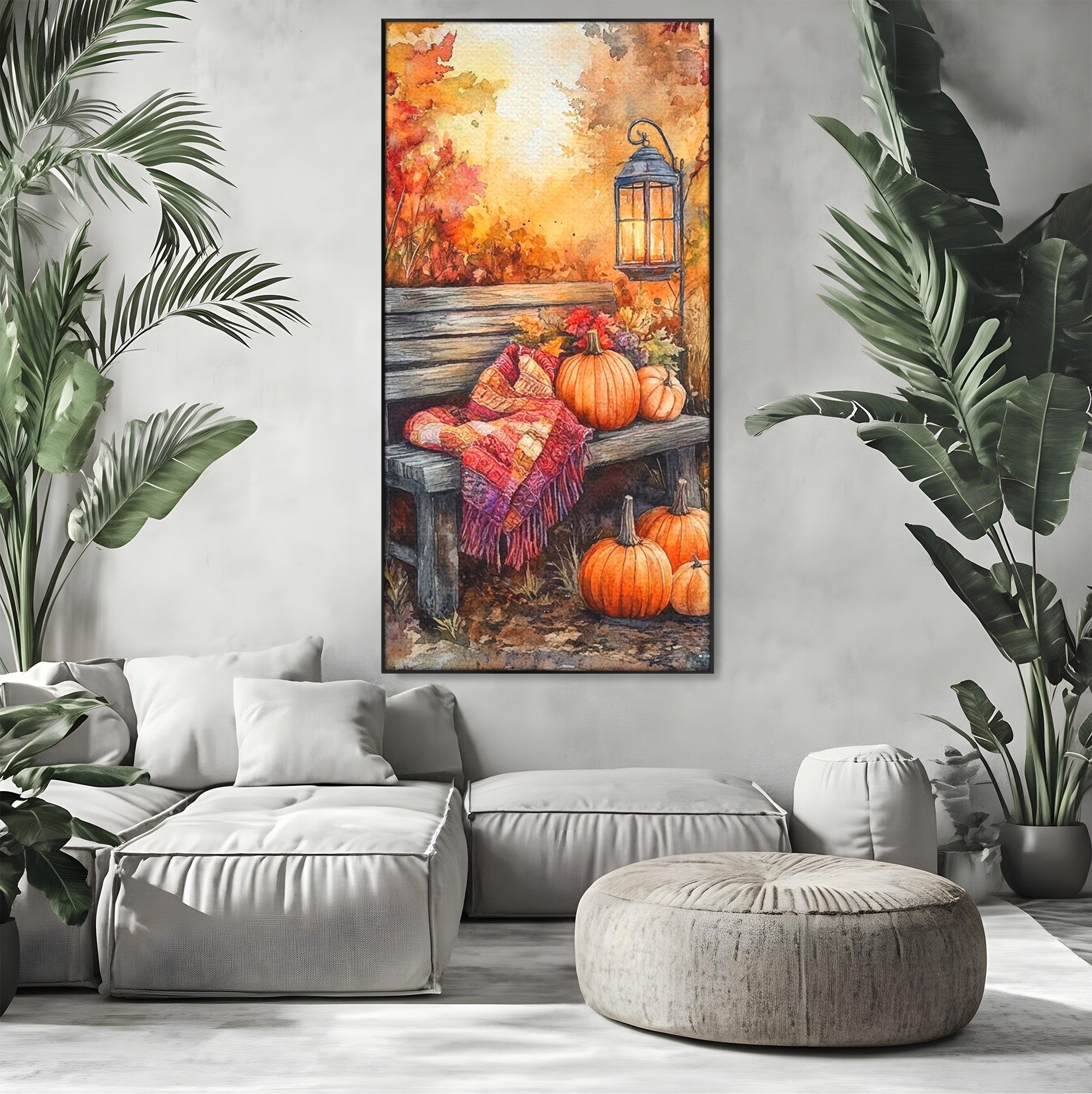 Tablou Canvas Premium LuxCanva® PI1119, Banca De Toamna, Felinar, Banca, Dovleci, Living, Peisaj, Culori Calde, Culori Vibrante