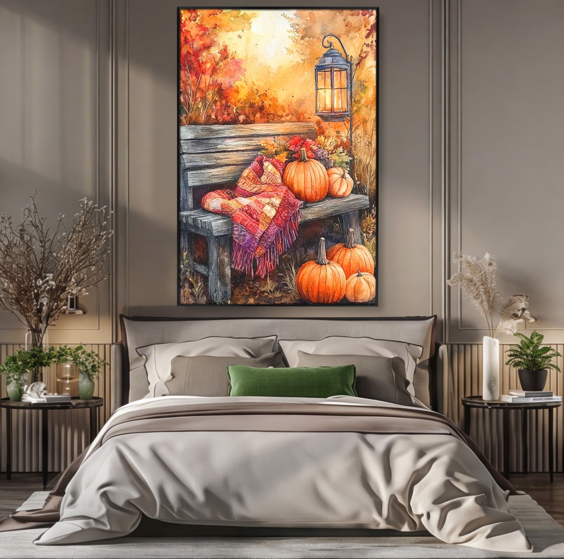 Tablou Canvas Premium LuxCanva® PI1119, Banca De Toamna, Felinar, Banca, Dovleci, Living, Peisaj, Culori Calde, Culori Vibrante