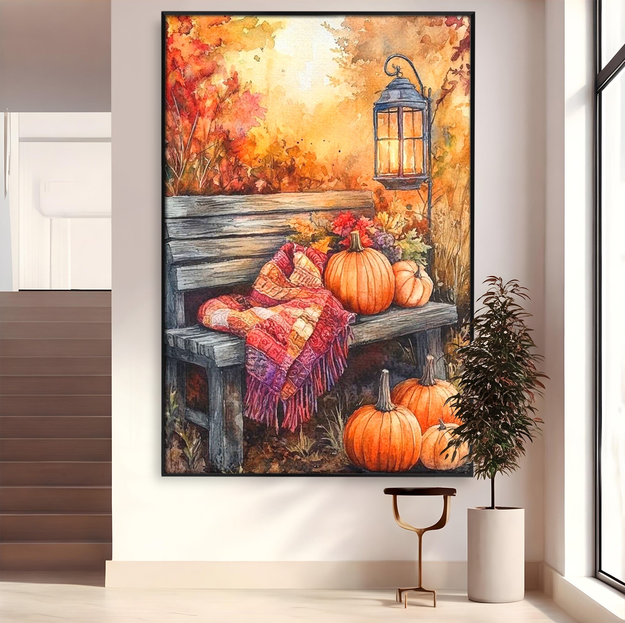 Tablou Canvas Premium LuxCanva® PI1119, Banca De Toamna, Felinar, Banca, Dovleci, Living, Peisaj, Culori Calde, Culori Vibrante