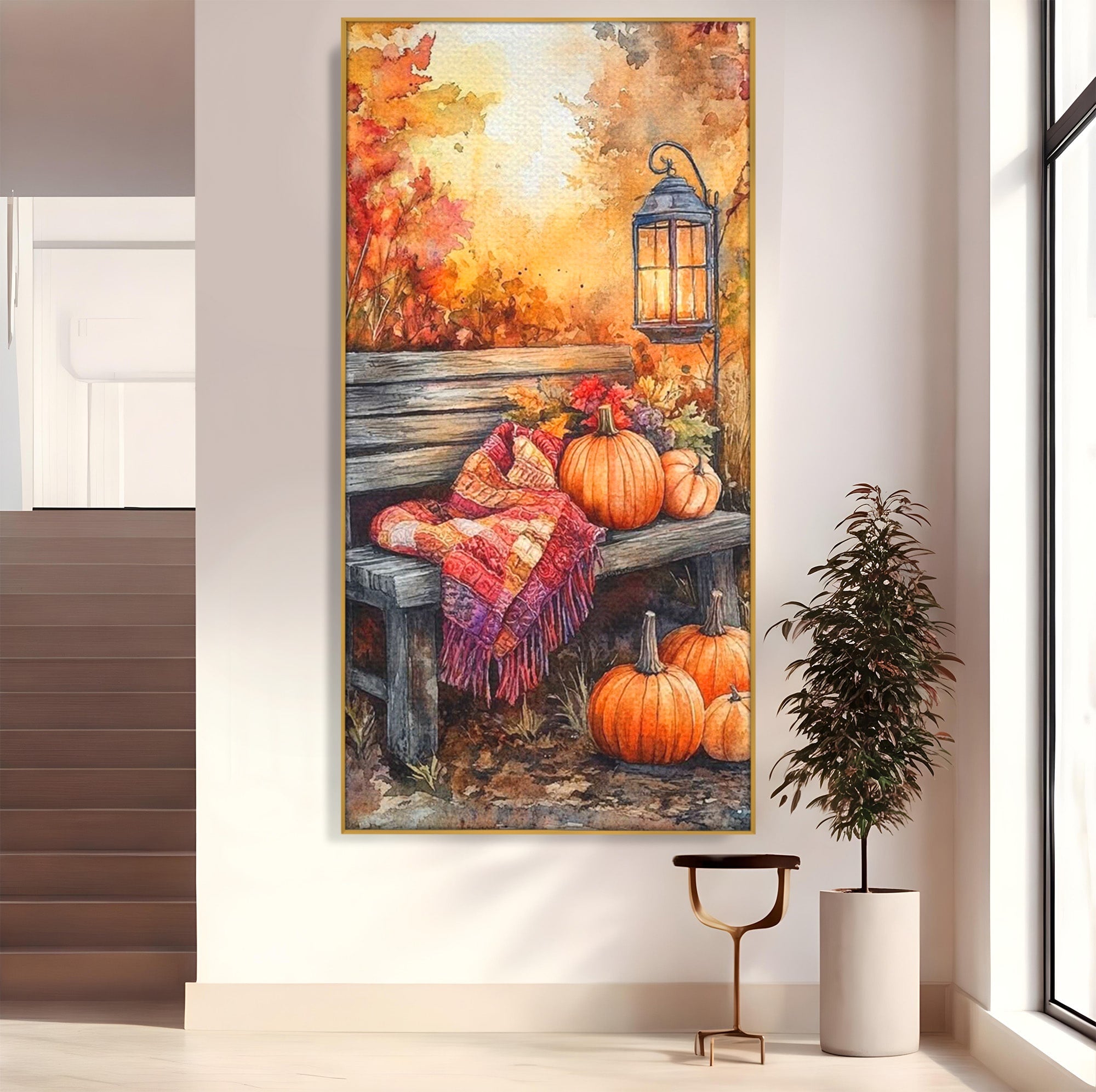 Tablou Canvas Premium LuxCanva® PI1119, Banca De Toamna, Felinar, Banca, Dovleci, Living, Peisaj, Culori Calde, Culori Vibrante