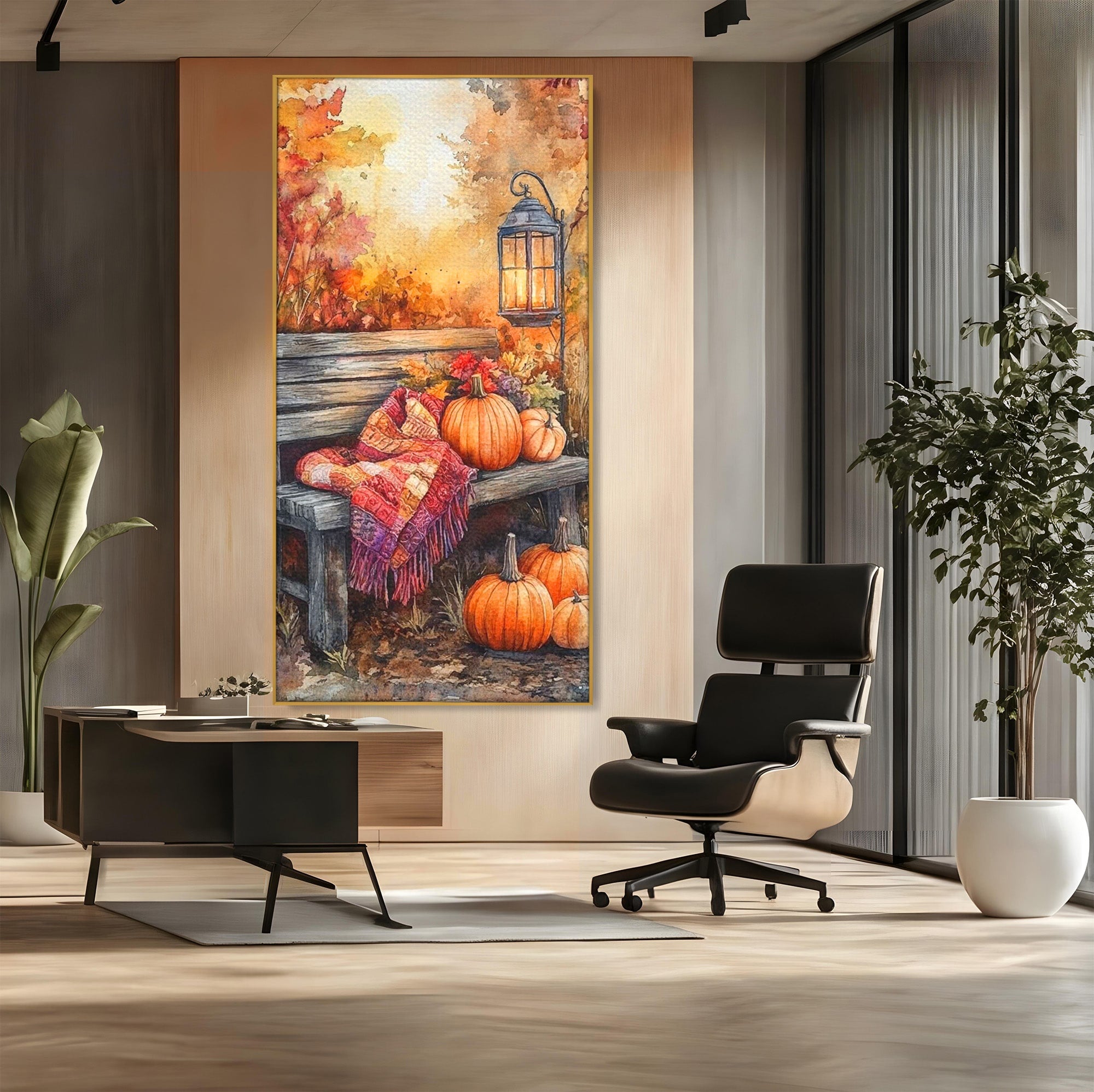 Tablou Canvas Premium LuxCanva® PI1119, Banca De Toamna, Felinar, Banca, Dovleci, Living, Peisaj, Culori Calde, Culori Vibrante