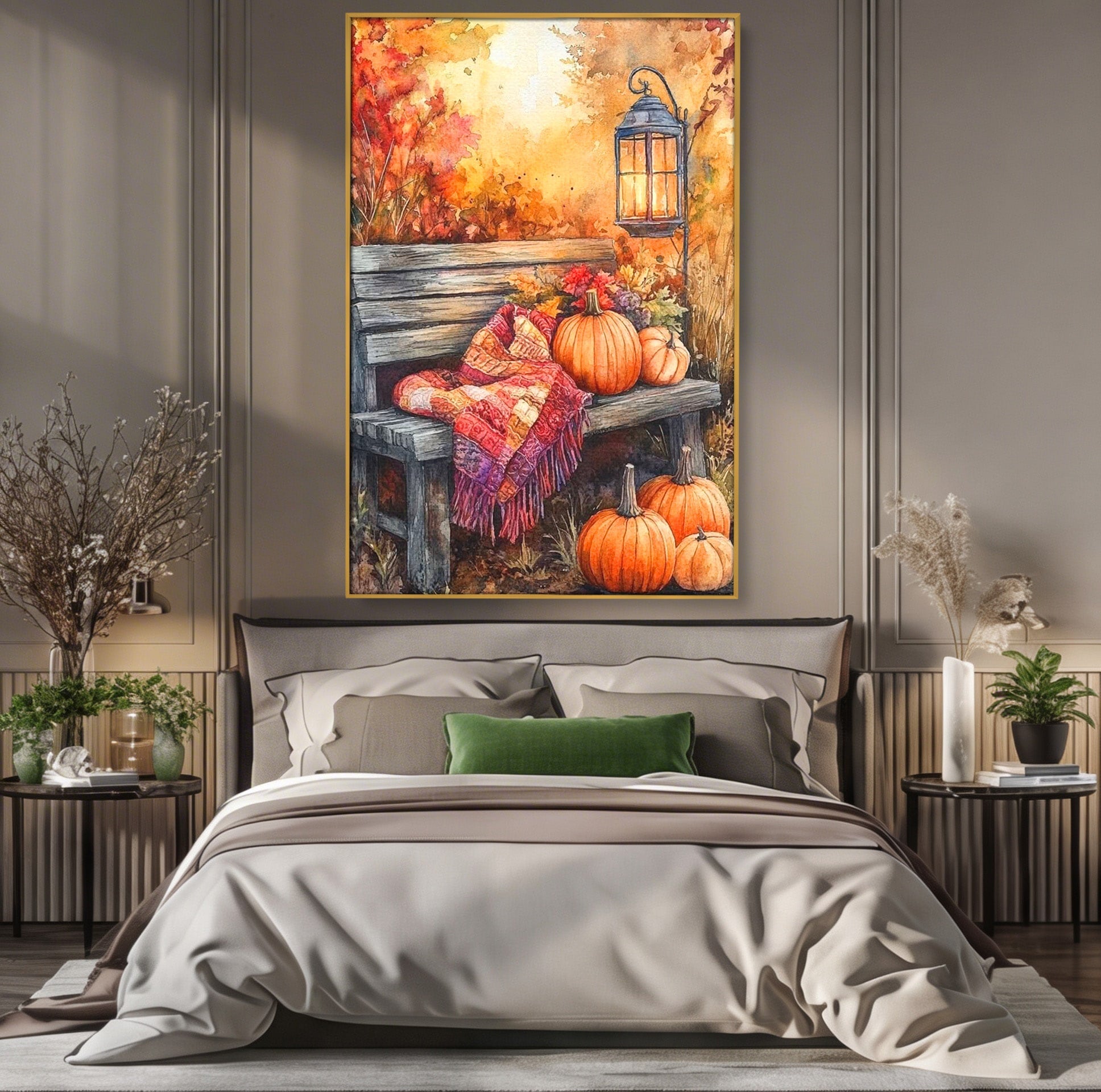 Tablou Canvas Premium LuxCanva® PI1119, Banca De Toamna, Felinar, Banca, Dovleci, Living, Peisaj, Culori Calde, Culori Vibrante