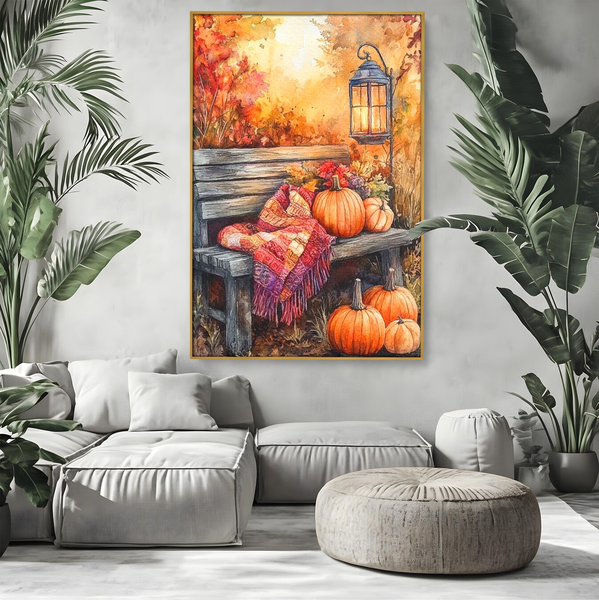 Tablou Canvas Premium LuxCanva® PI1119, Banca De Toamna, Felinar, Banca, Dovleci, Living, Peisaj, Culori Calde, Culori Vibrante