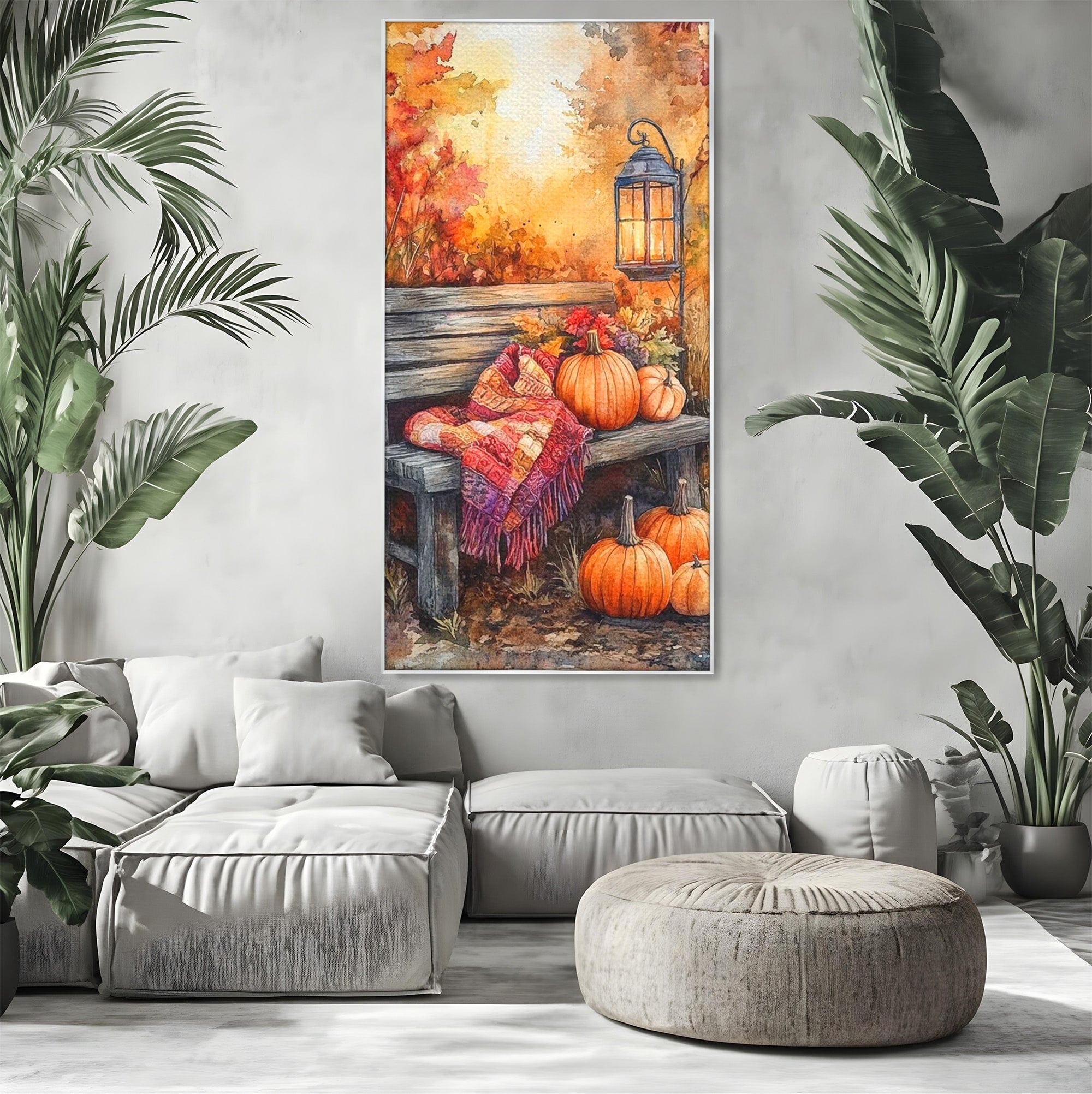 Tablou Canvas Premium LuxCanva® PI1119, Banca De Toamna, Felinar, Banca, Dovleci, Living, Peisaj, Culori Calde, Culori Vibrante