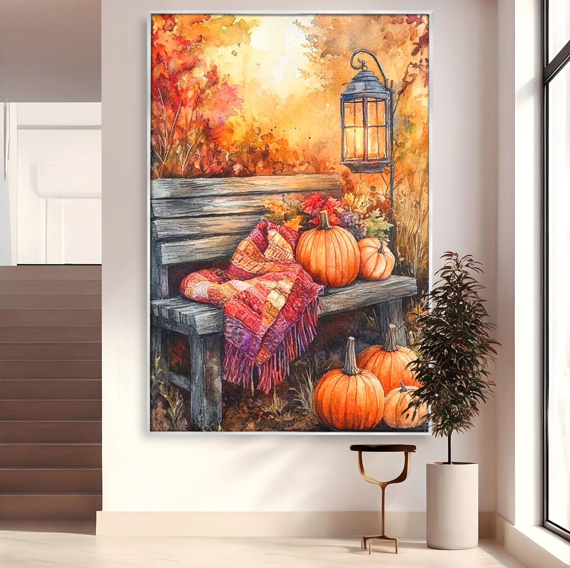Tablou Canvas Premium LuxCanva® PI1119, Banca De Toamna, Felinar, Banca, Dovleci, Living, Peisaj, Culori Calde, Culori Vibrante