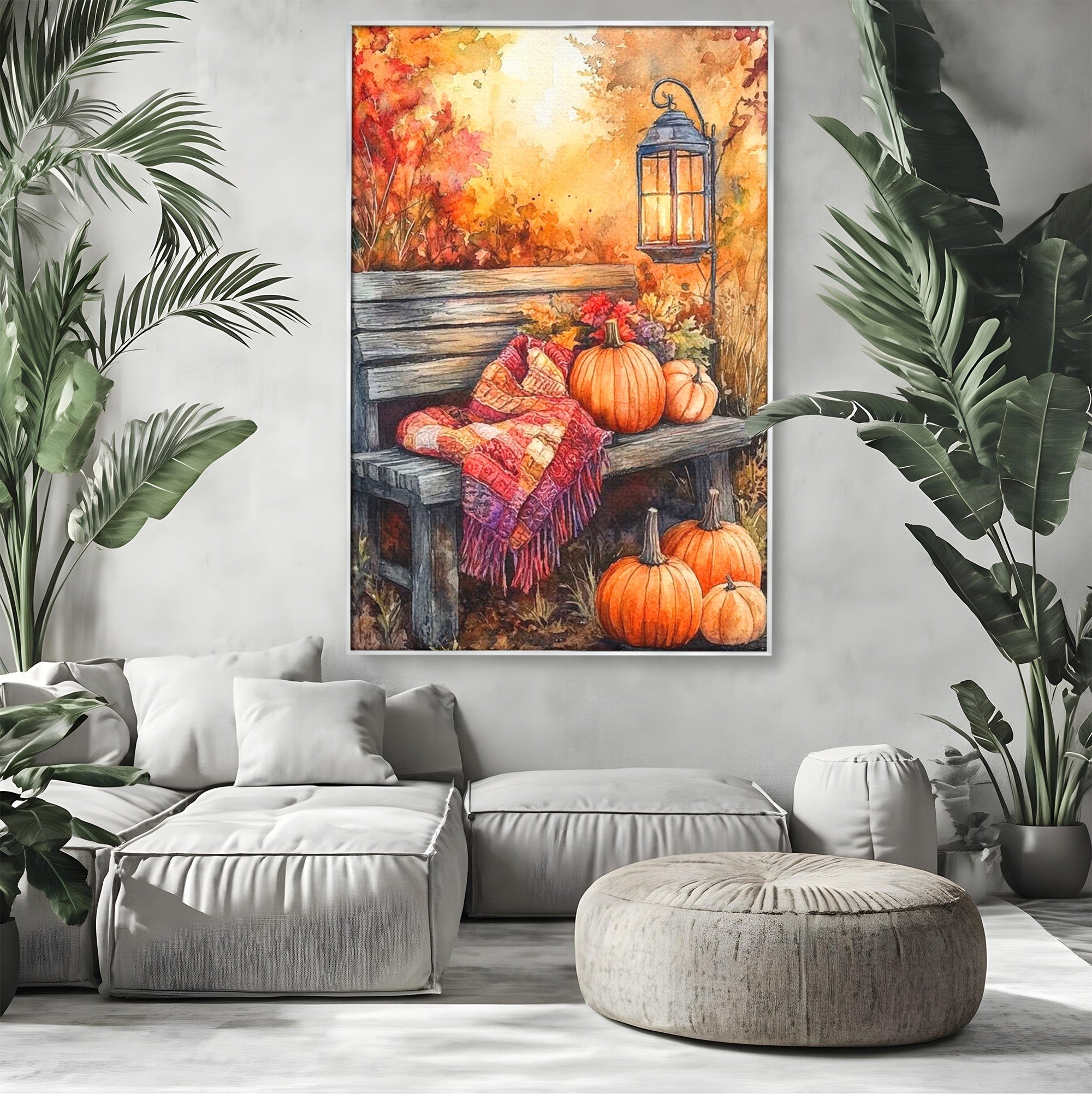 Tablou Canvas Premium LuxCanva® PI1119, Banca De Toamna, Felinar, Banca, Dovleci, Living, Peisaj, Culori Calde, Culori Vibrante
