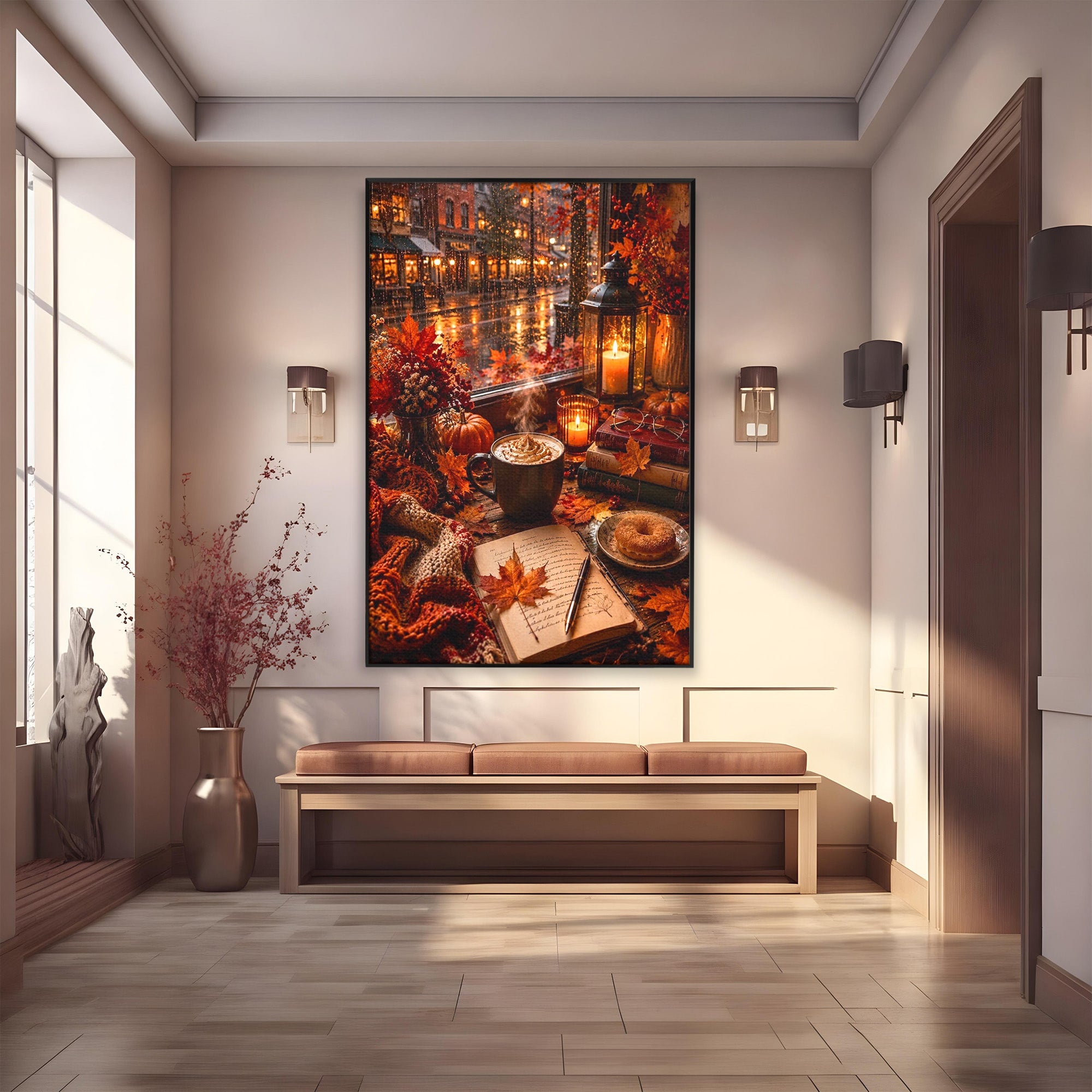 Tablou Canvas Premium LuxCanva® PI1120, Toamna Cocheta, Liniste, Cafea, Relaxare, Living, Plimbare, Culori Vibrante