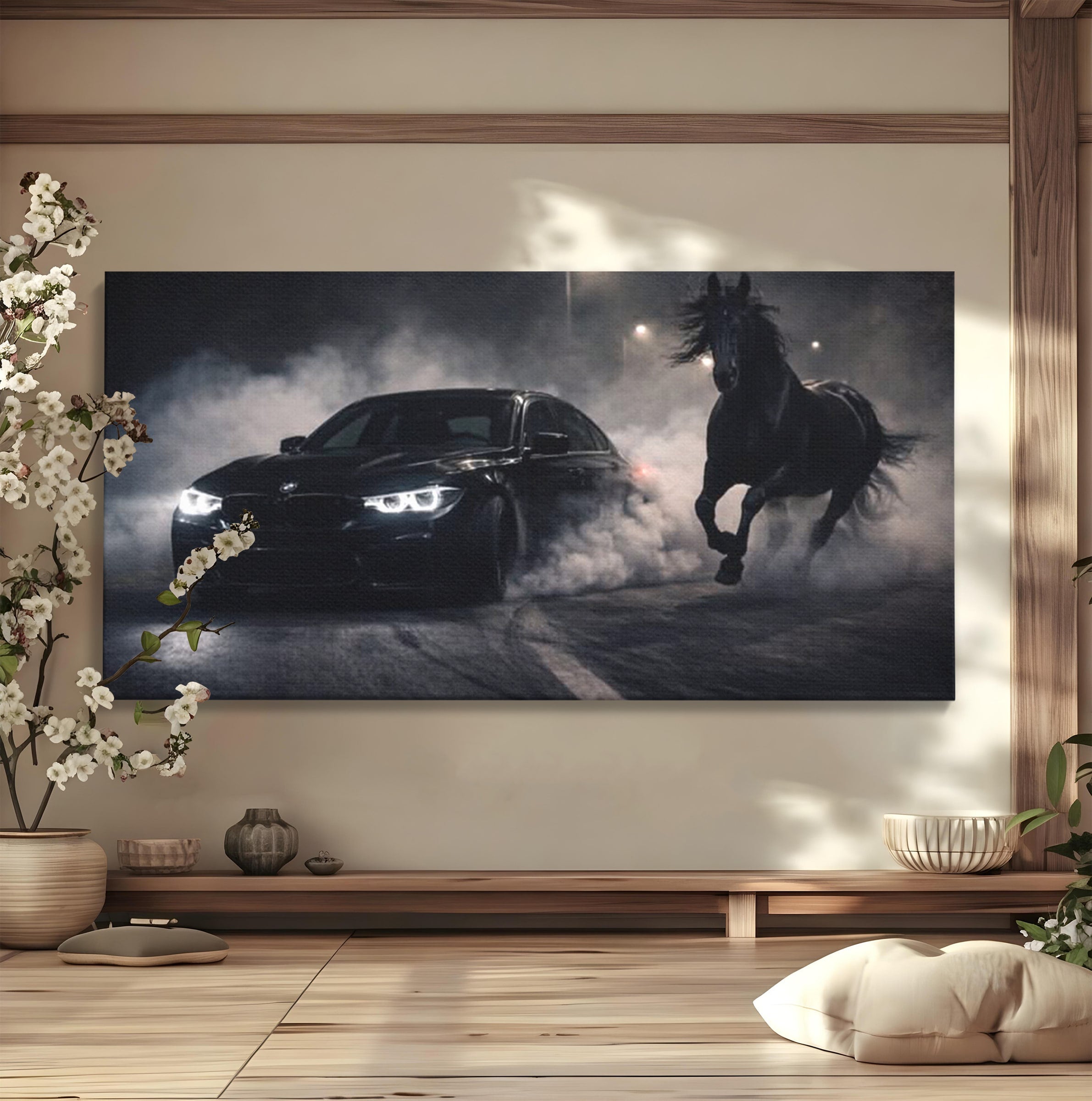 Tablou Canvas Premium LuxCanva® PI1136, Cursa Nocturna, Masina, Cal, Viteza, Aventura, Noapte, Living, Birou, Culori Vibrante