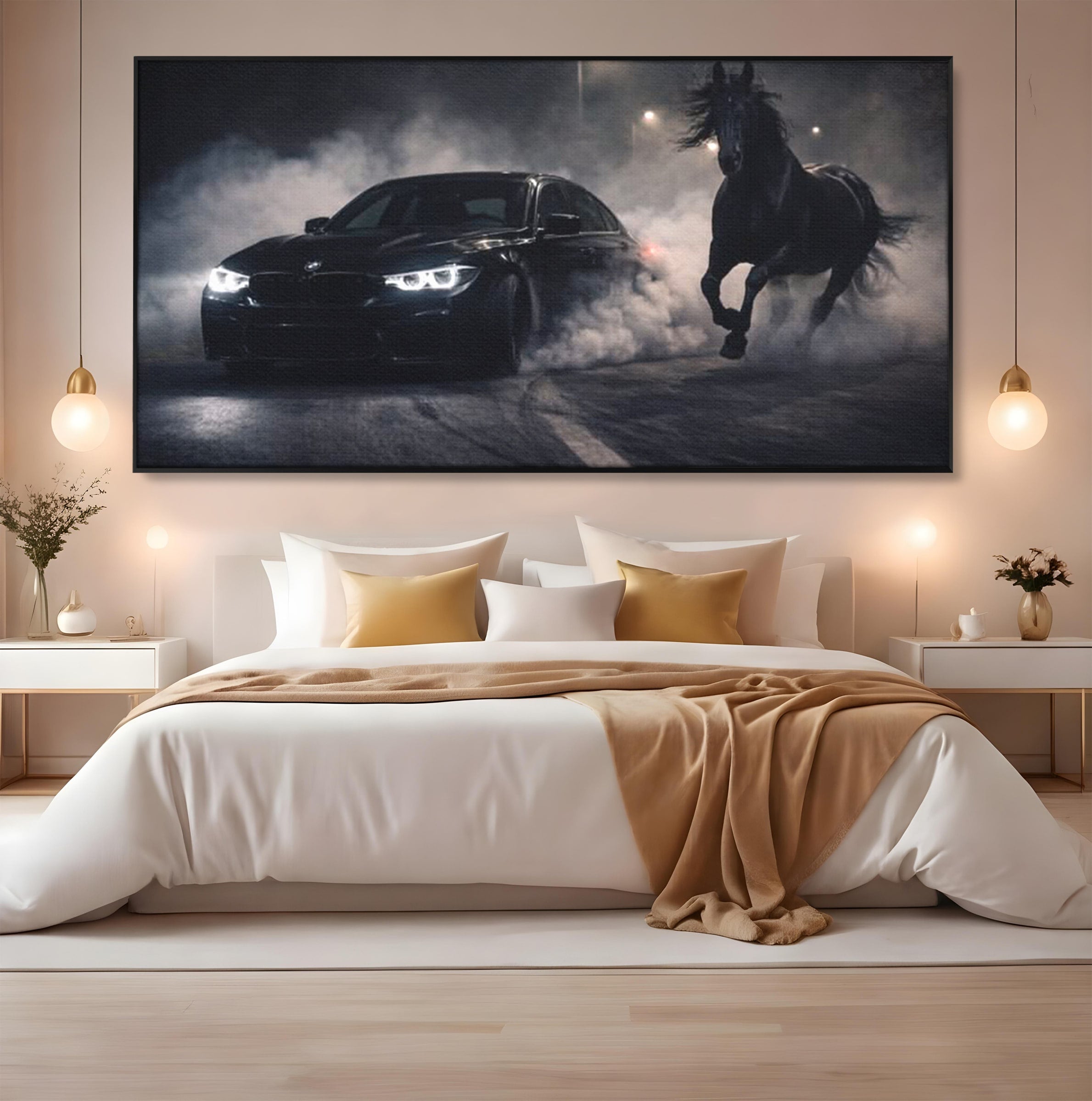 Tablou Canvas Premium LuxCanva® PI1136, Cursa Nocturna, Masina, Cal, Viteza, Aventura, Noapte, Living, Birou, Culori Vibrante