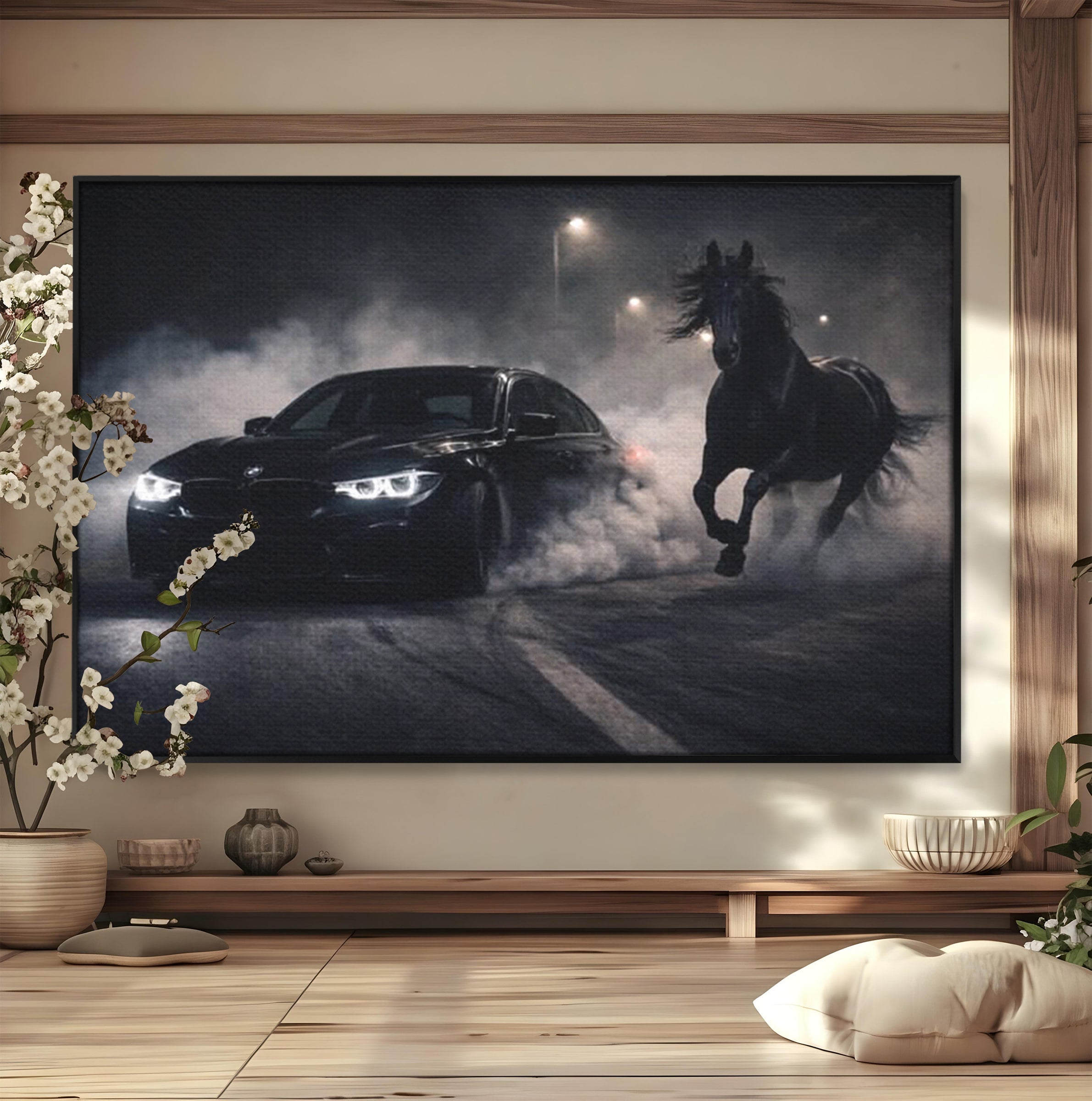 Tablou Canvas Premium LuxCanva® PI1136, Cursa Nocturna, Masina, Cal, Viteza, Aventura, Noapte, Living, Birou, Culori Vibrante