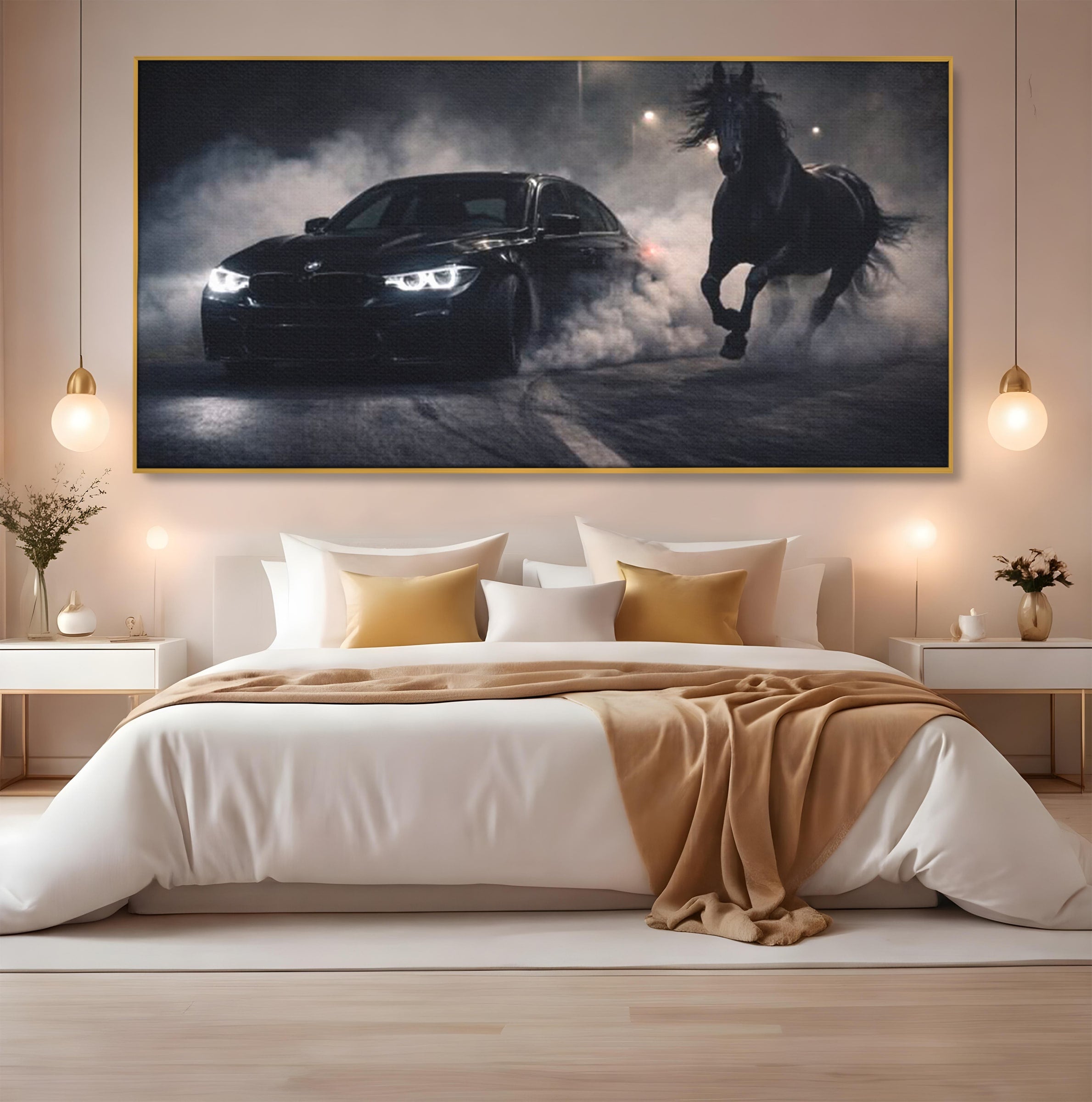 Tablou Canvas Premium LuxCanva® PI1136, Cursa Nocturna, Masina, Cal, Viteza, Aventura, Noapte, Living, Birou, Culori Vibrante