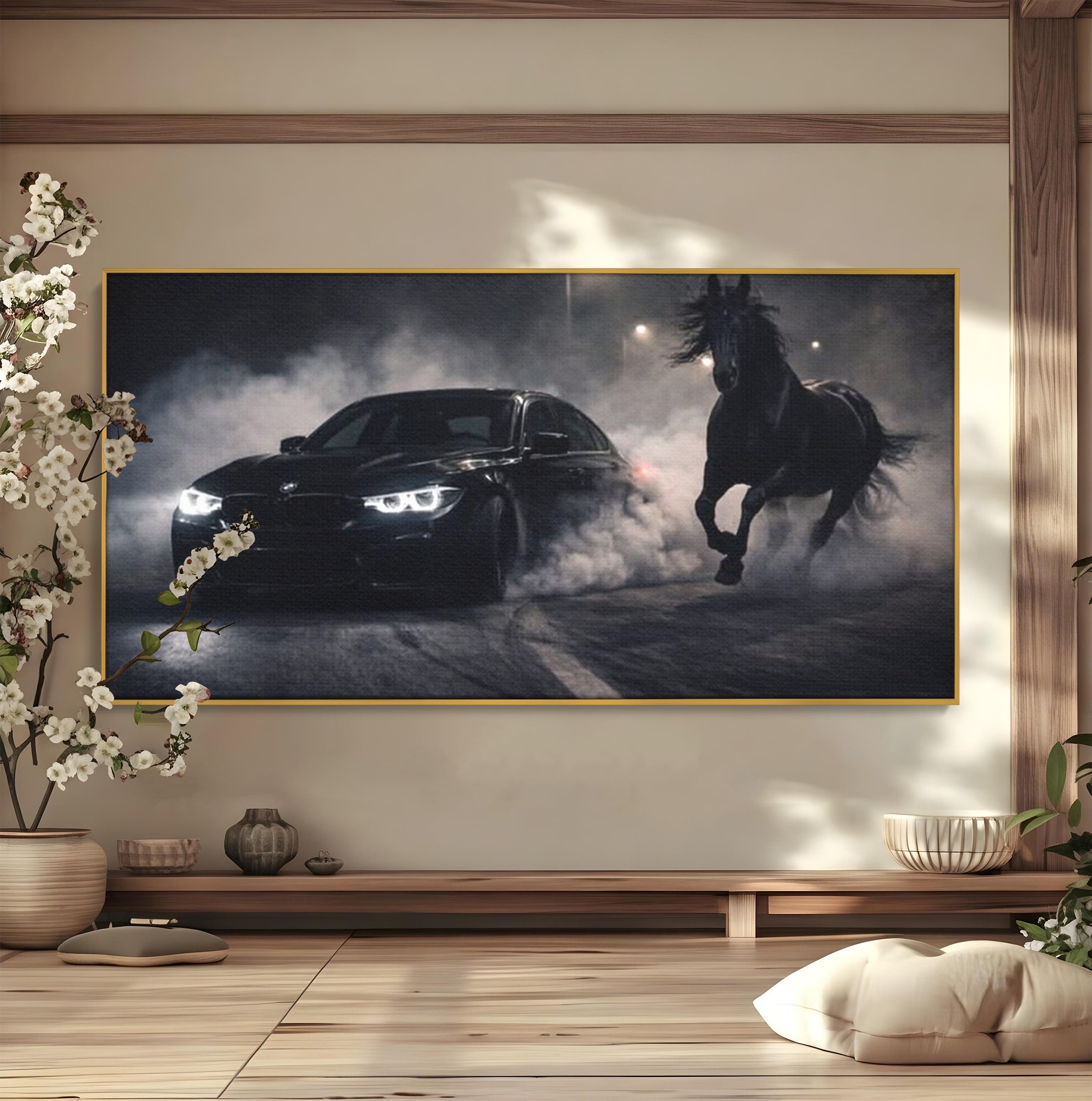 Tablou Canvas Premium LuxCanva® PI1136, Cursa Nocturna, Masina, Cal, Viteza, Aventura, Noapte, Living, Birou, Culori Vibrante