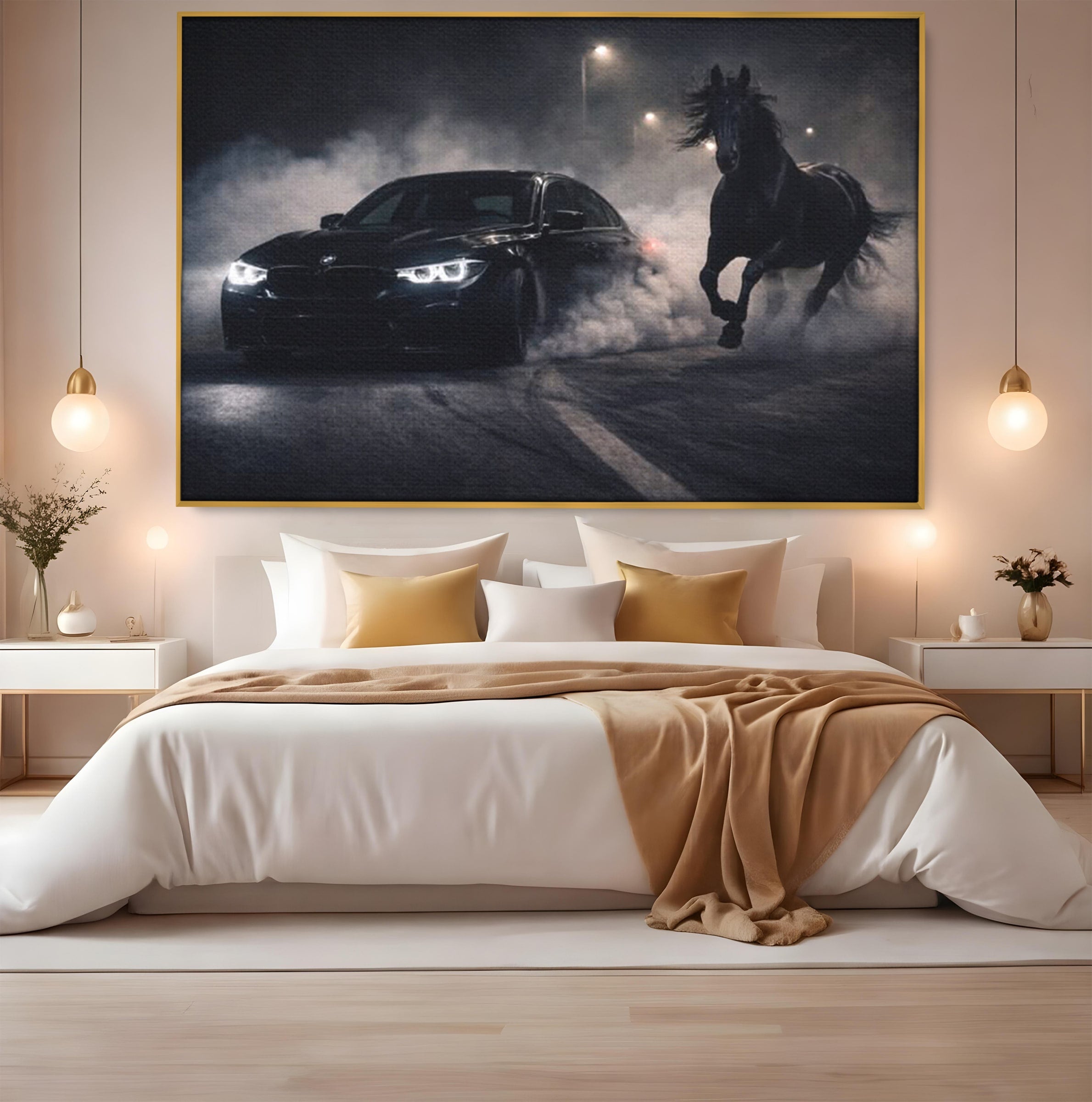 Tablou Canvas Premium LuxCanva® PI1136, Cursa Nocturna, Masina, Cal, Viteza, Aventura, Noapte, Living, Birou, Culori Vibrante