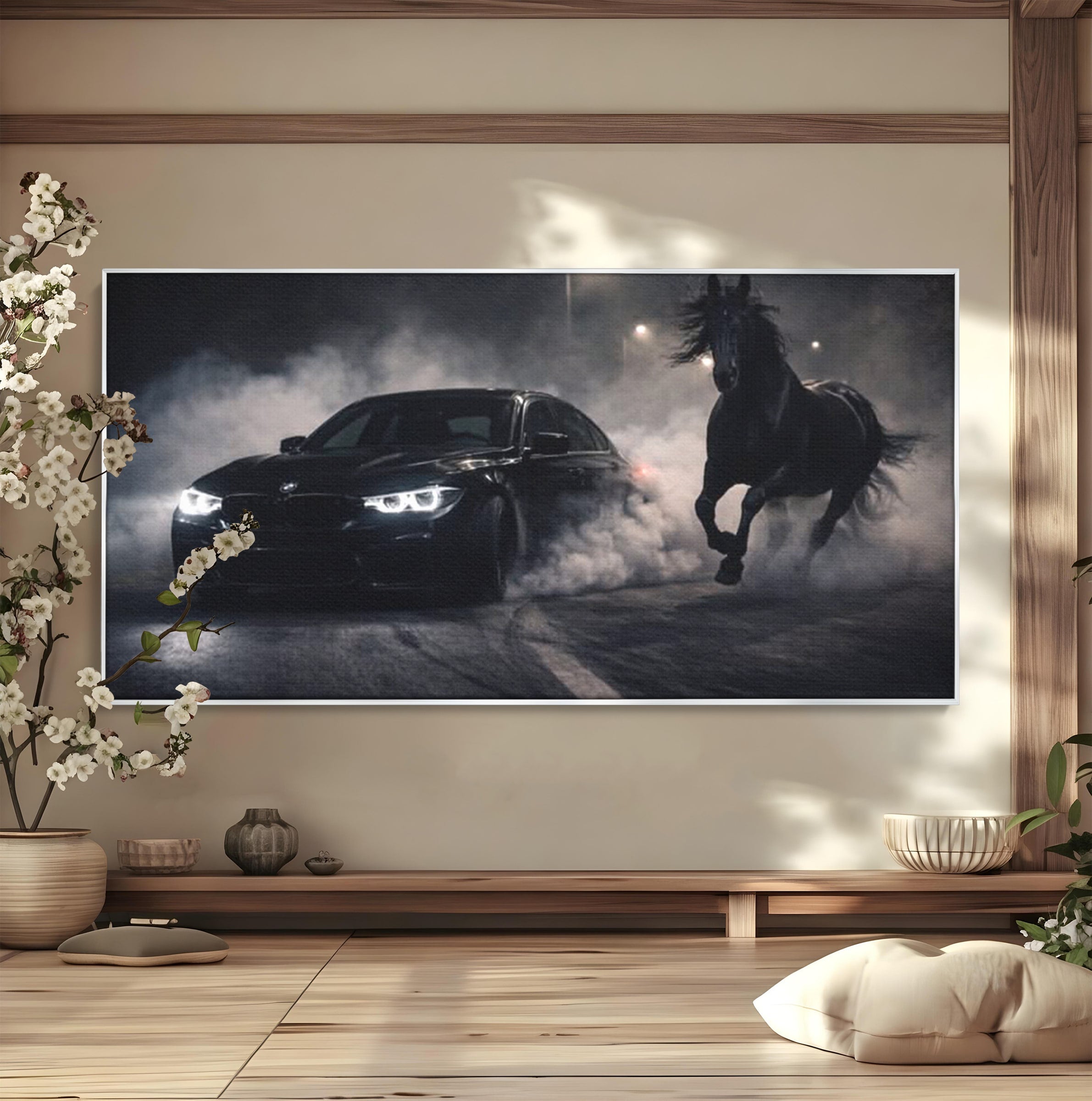 Tablou Canvas Premium LuxCanva® PI1136, Cursa Nocturna, Masina, Cal, Viteza, Aventura, Noapte, Living, Birou, Culori Vibrante