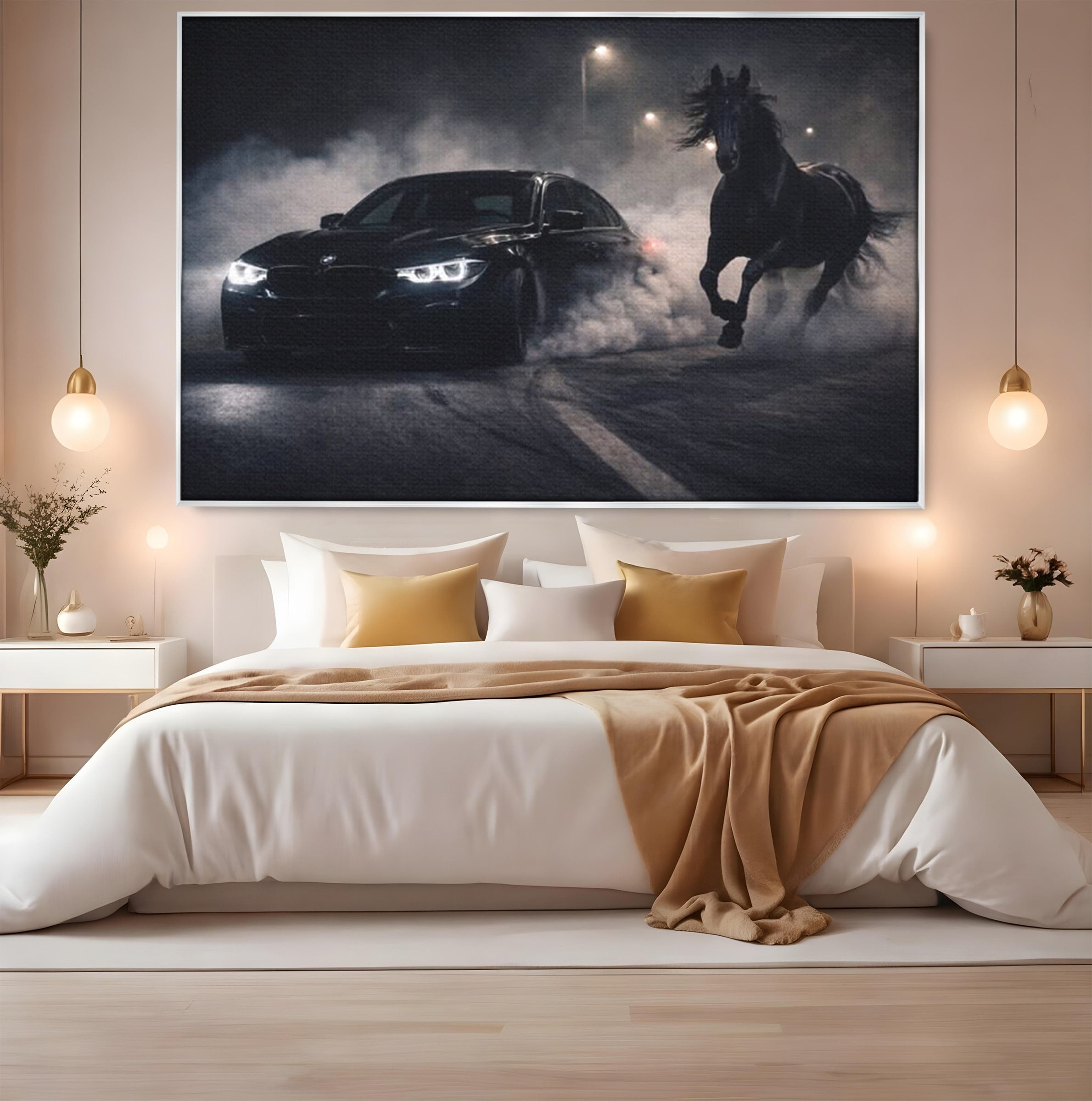 Tablou Canvas Premium LuxCanva® PI1136, Cursa Nocturna, Masina, Cal, Viteza, Aventura, Noapte, Living, Birou, Culori Vibrante