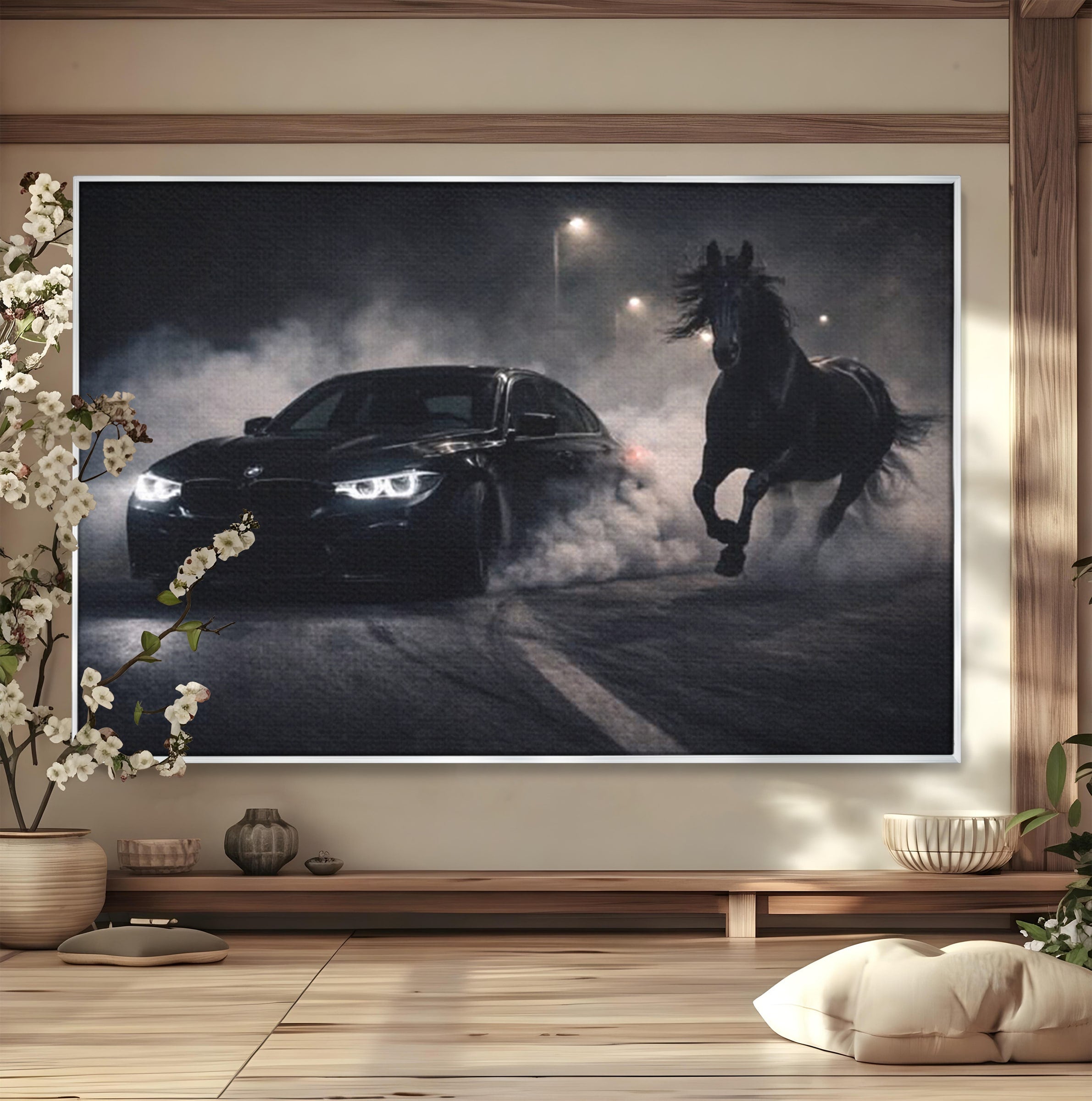 Tablou Canvas Premium LuxCanva® PI1136, Cursa Nocturna, Masina, Cal, Viteza, Aventura, Noapte, Living, Birou, Culori Vibrante