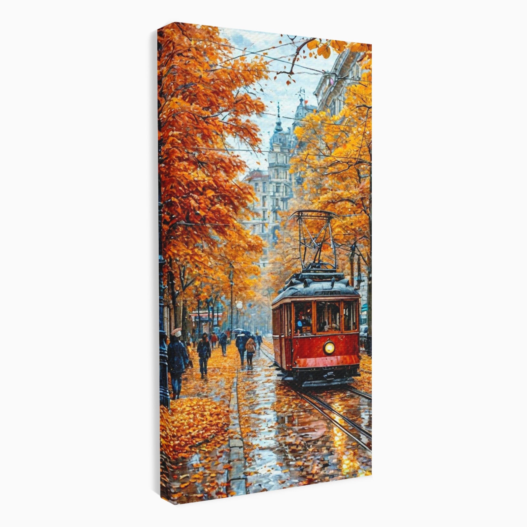 Tablou Canvas Premium LuxCanva® PI1139, Tramvai De Toamna, Sine, Calatorie, Oras, Peisaj Urban, Living, Culori Cald, Culori Vibrante