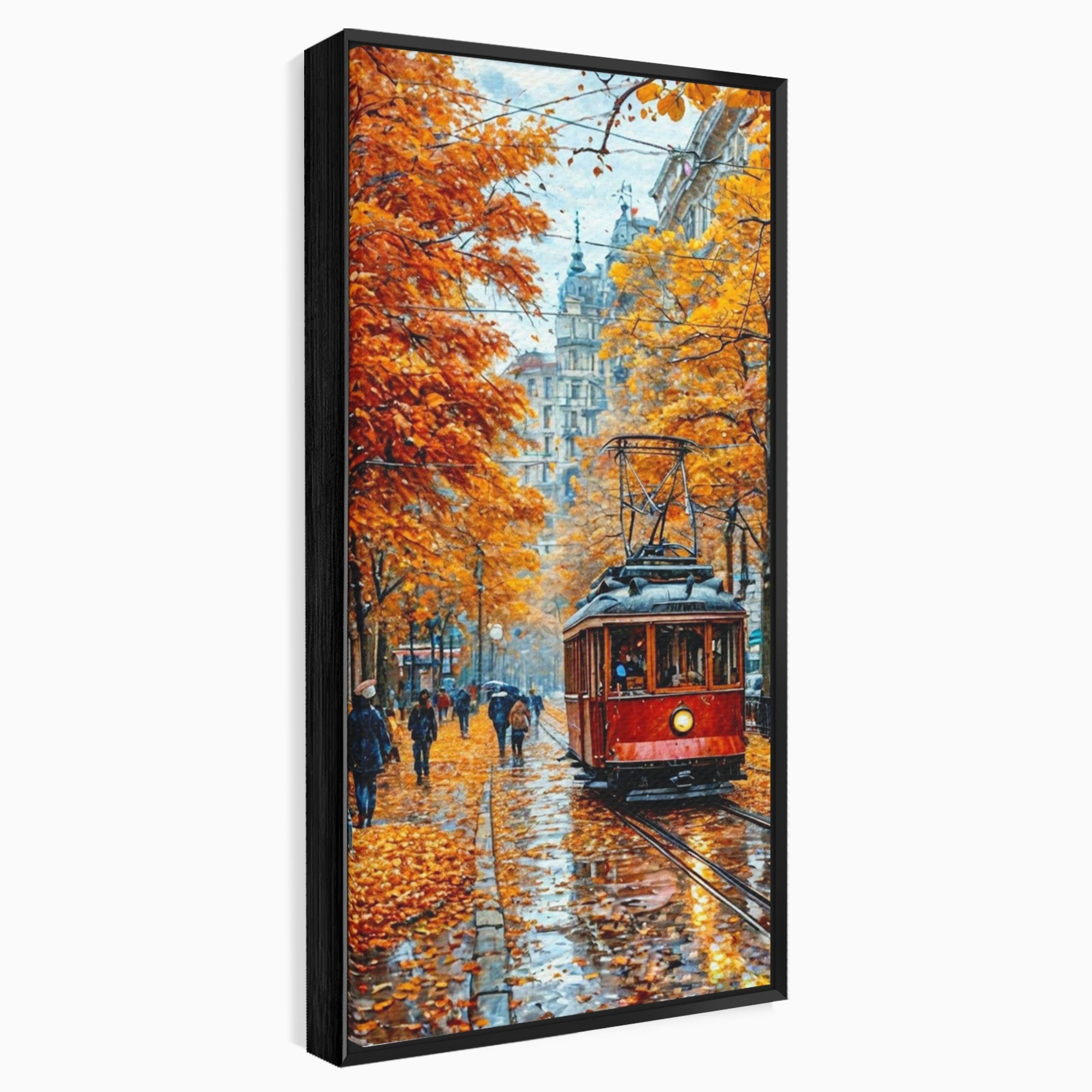 Tablou Canvas Premium LuxCanva® PI1139, Tramvai De Toamna, Sine, Calatorie, Oras, Peisaj Urban, Living, Culori Cald, Culori Vibrante