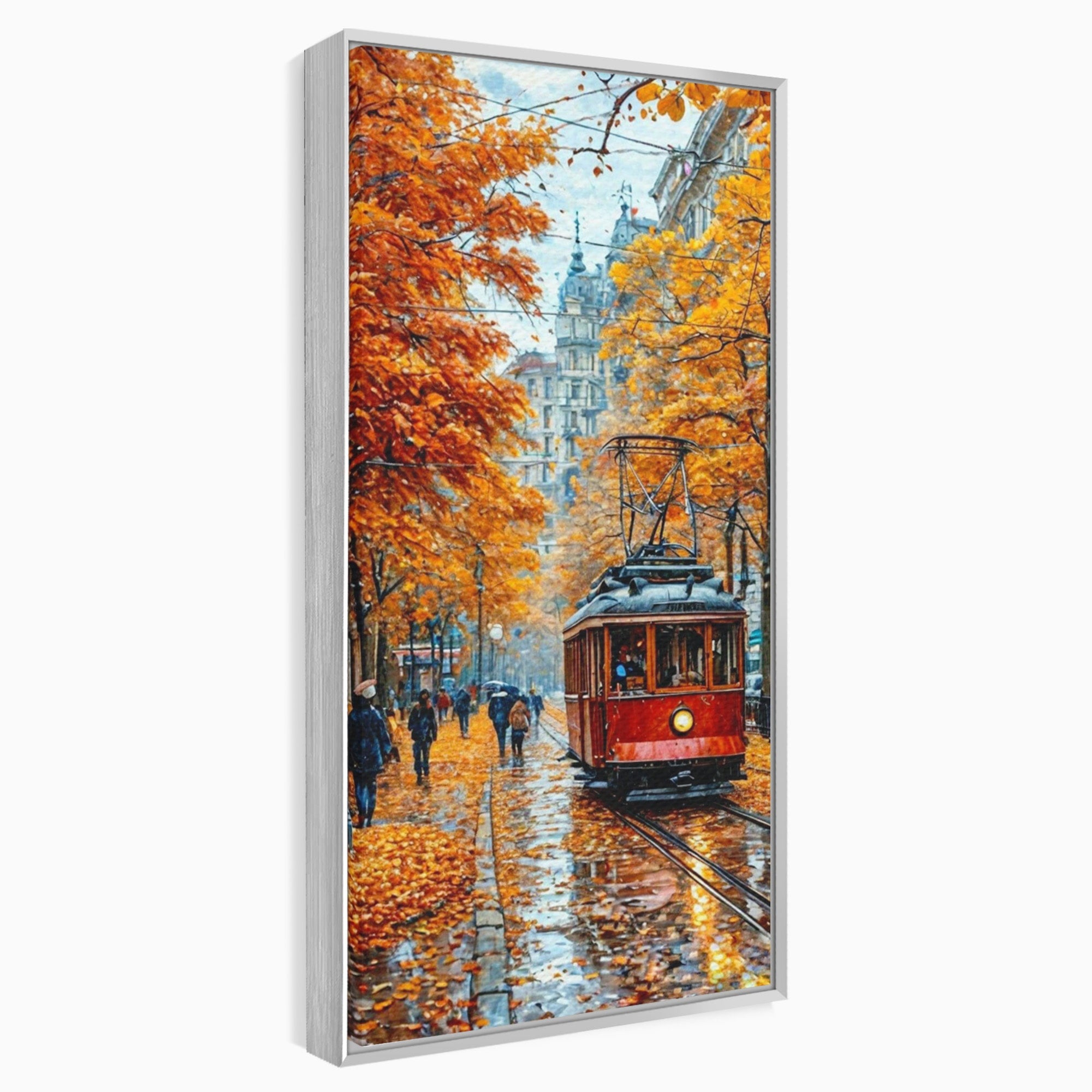 Tablou Canvas Premium LuxCanva® PI1139, Tramvai De Toamna, Sine, Calatorie, Oras, Peisaj Urban, Living, Culori Cald, Culori Vibrante