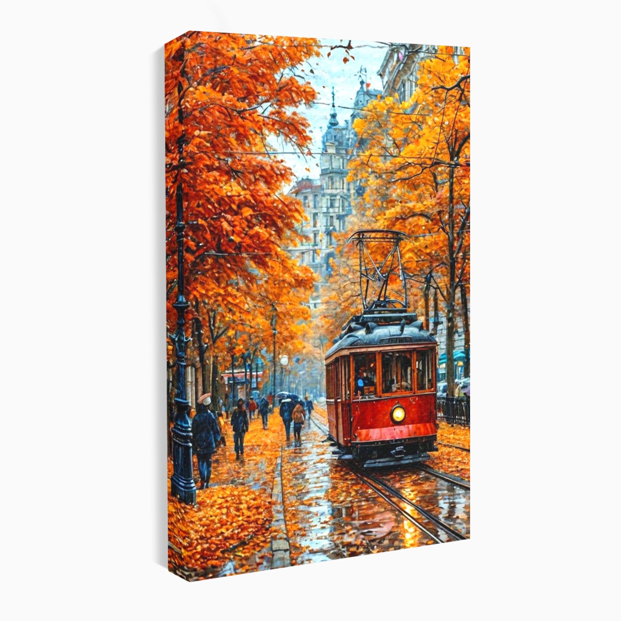 Tablou Canvas Premium LuxCanva® PI1139, Tramvai De Toamna, Sine, Calatorie, Oras, Peisaj Urban, Living, Culori Cald, Culori Vibrante