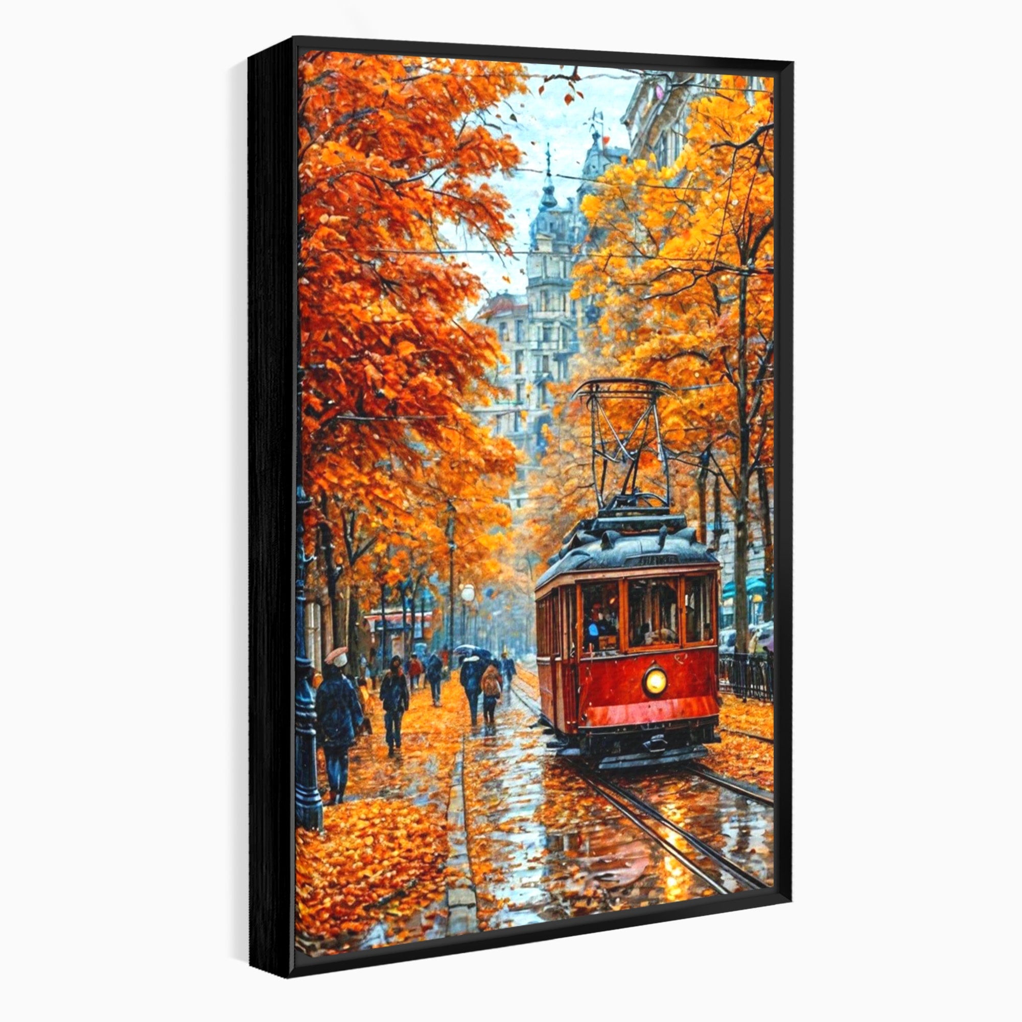 Tablou Canvas Premium LuxCanva® PI1139, Tramvai De Toamna, Sine, Calatorie, Oras, Peisaj Urban, Living, Culori Cald, Culori Vibrante