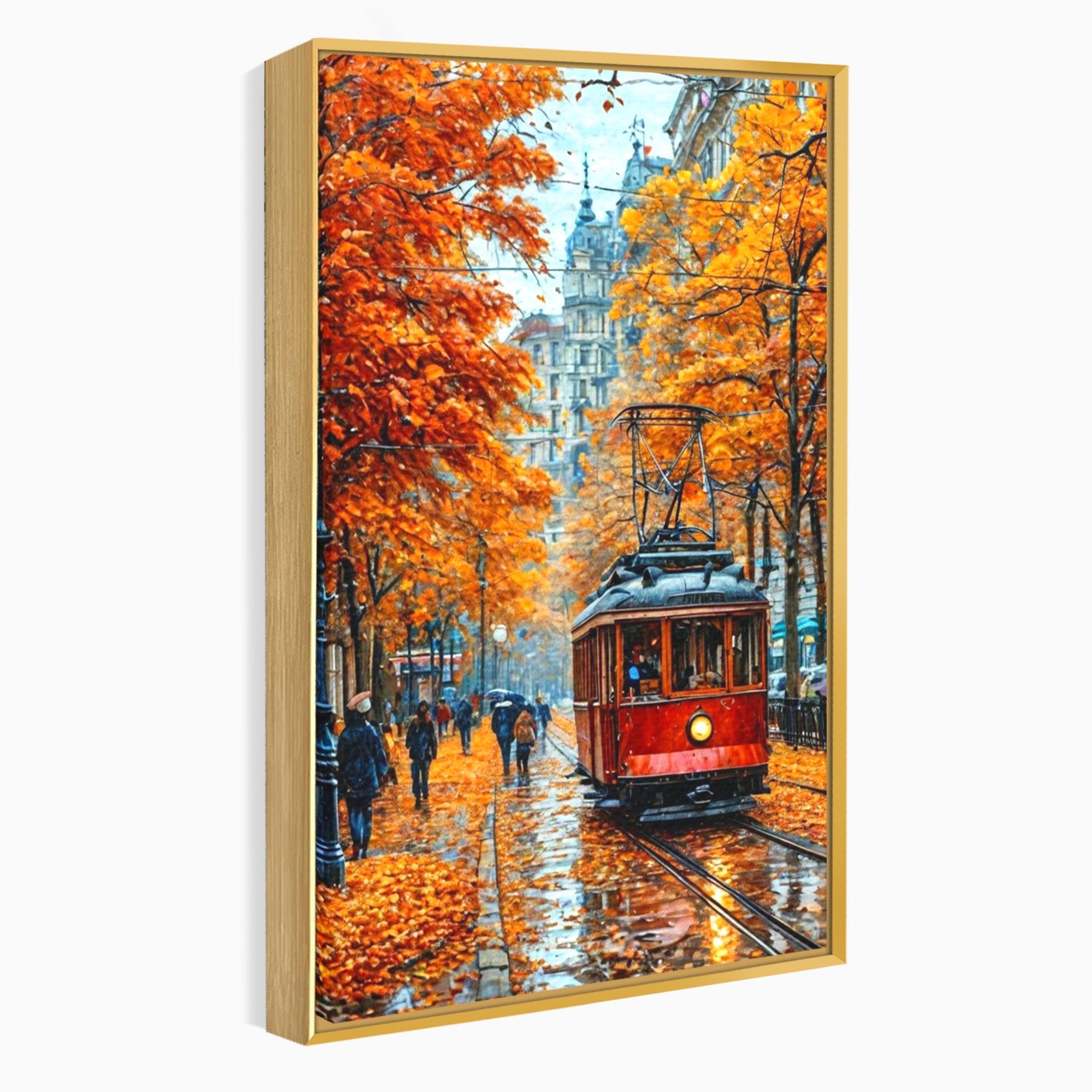Tablou Canvas Premium LuxCanva® PI1139, Tramvai De Toamna, Sine, Calatorie, Oras, Peisaj Urban, Living, Culori Cald, Culori Vibrante