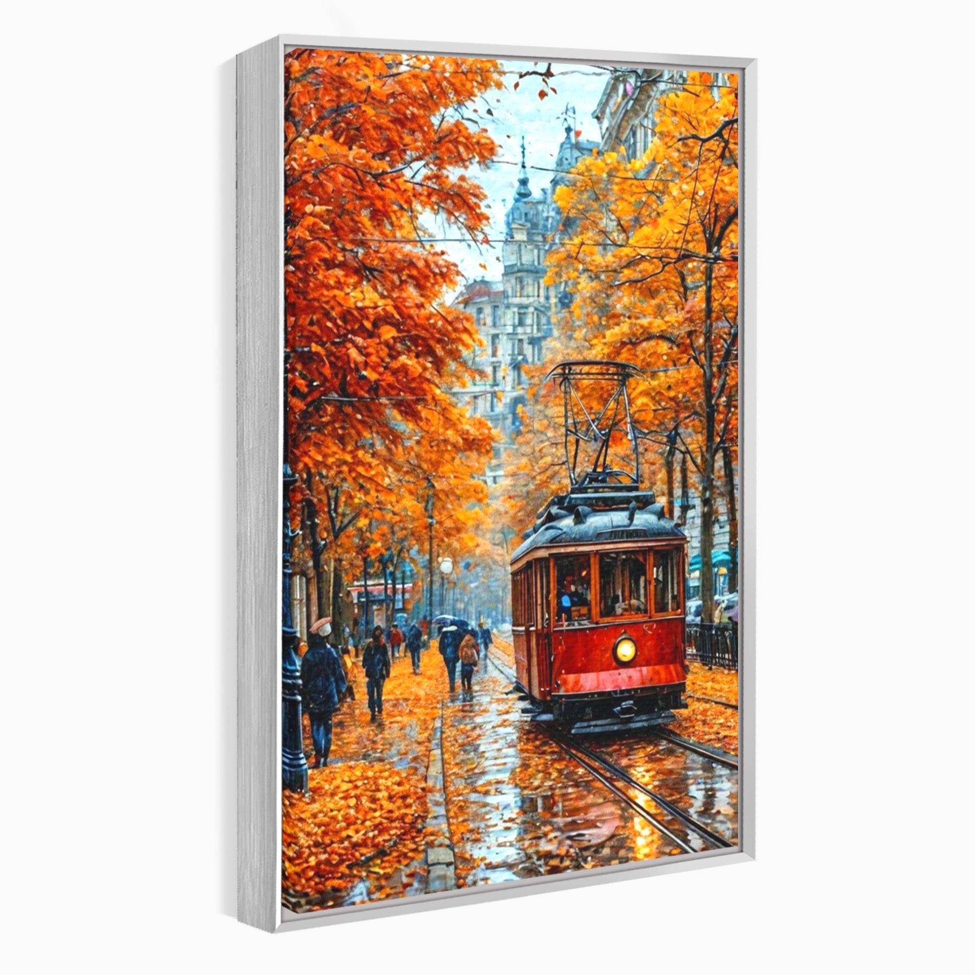 Tablou Canvas Premium LuxCanva® PI1139, Tramvai De Toamna, Sine, Calatorie, Oras, Peisaj Urban, Living, Culori Cald, Culori Vibrante