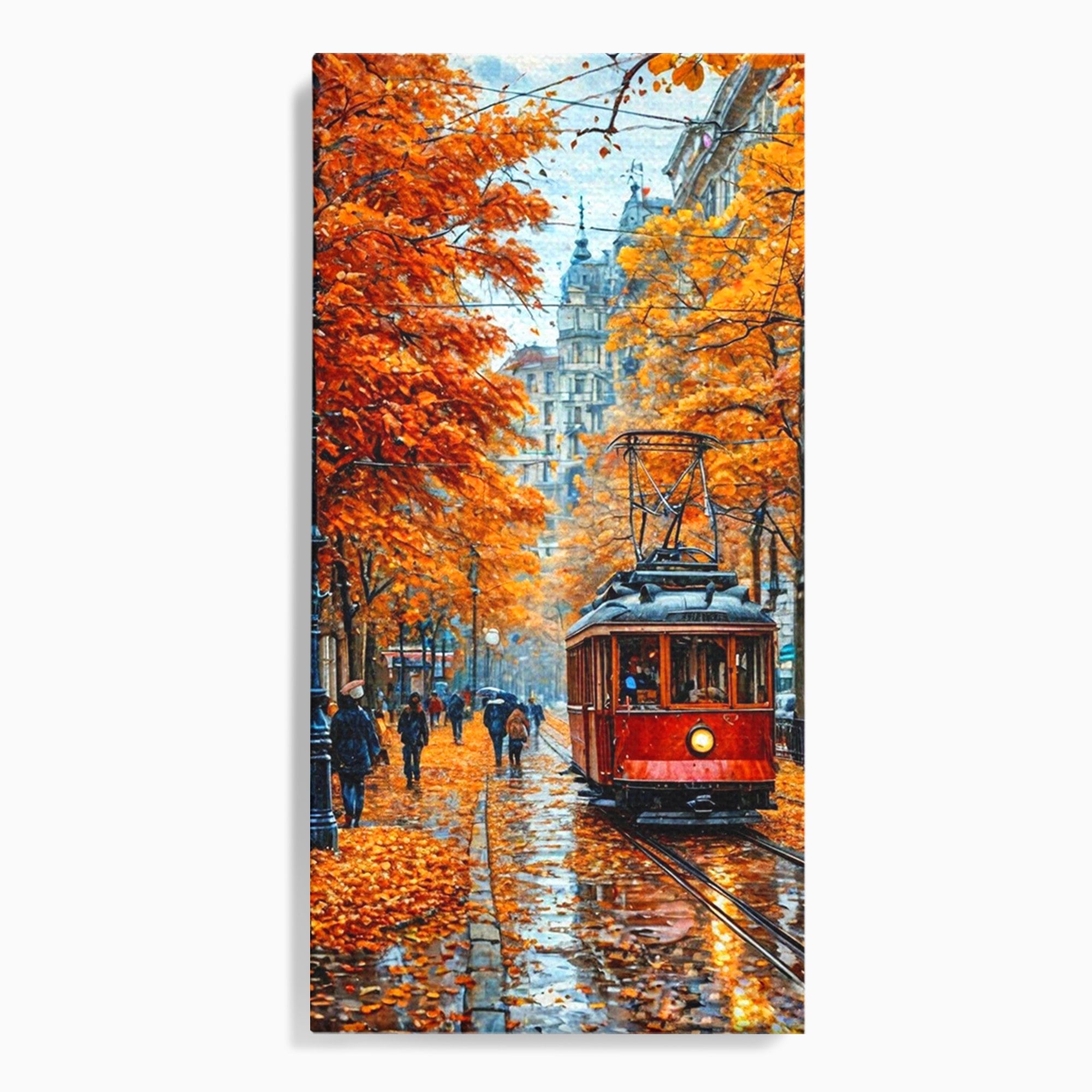 Tablou Canvas Premium LuxCanva® PI1139, Tramvai De Toamna, Sine, Calatorie, Oras, Peisaj Urban, Living, Culori Cald, Culori Vibrante