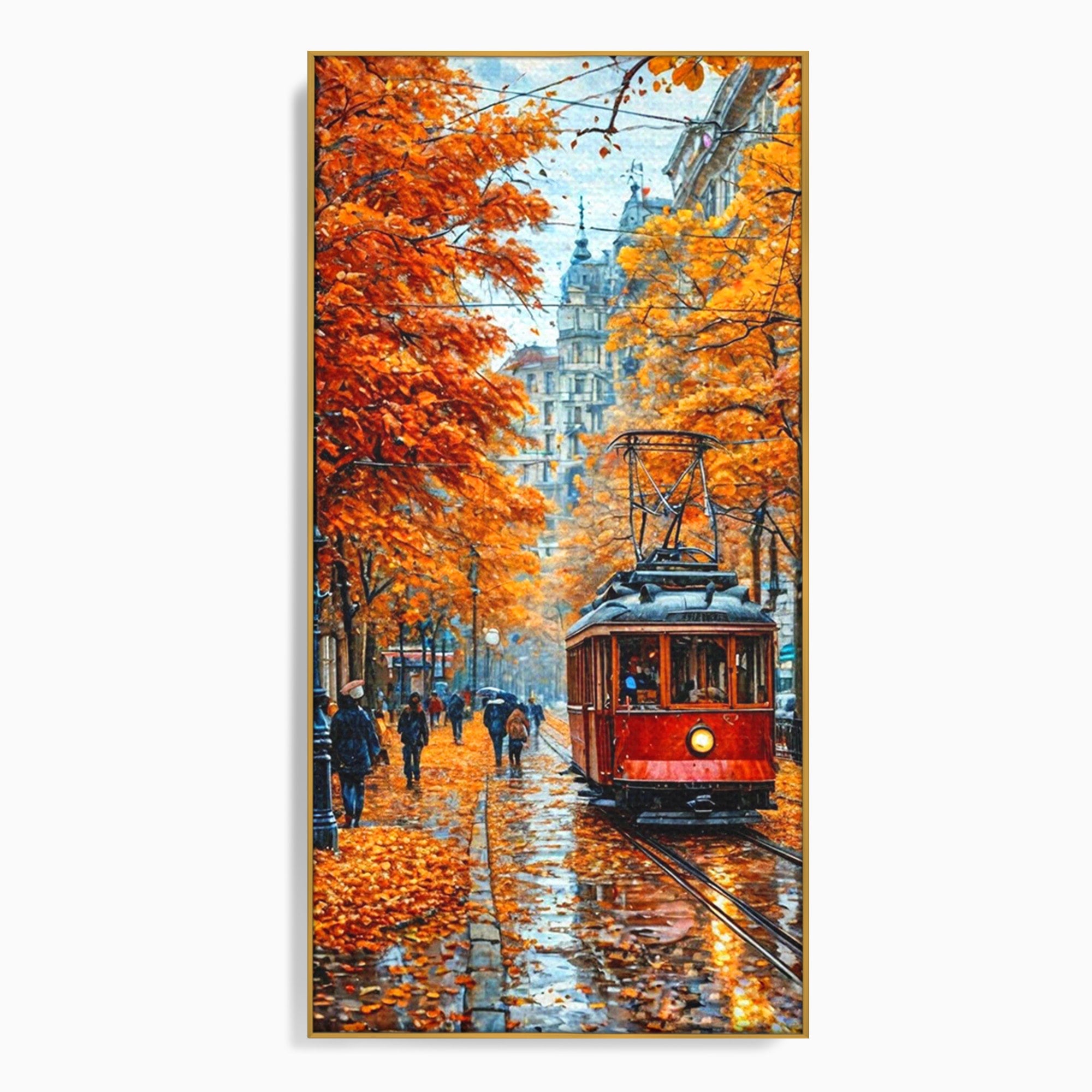 Tablou Canvas Premium LuxCanva® PI1139, Tramvai De Toamna, Sine, Calatorie, Oras, Peisaj Urban, Living, Culori Cald, Culori Vibrante