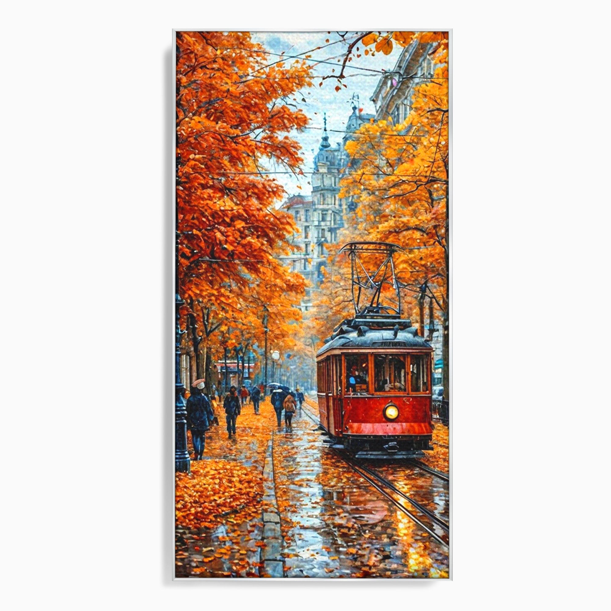 Tablou Canvas Premium LuxCanva® PI1139, Tramvai De Toamna, Sine, Calatorie, Oras, Peisaj Urban, Living, Culori Cald, Culori Vibrante