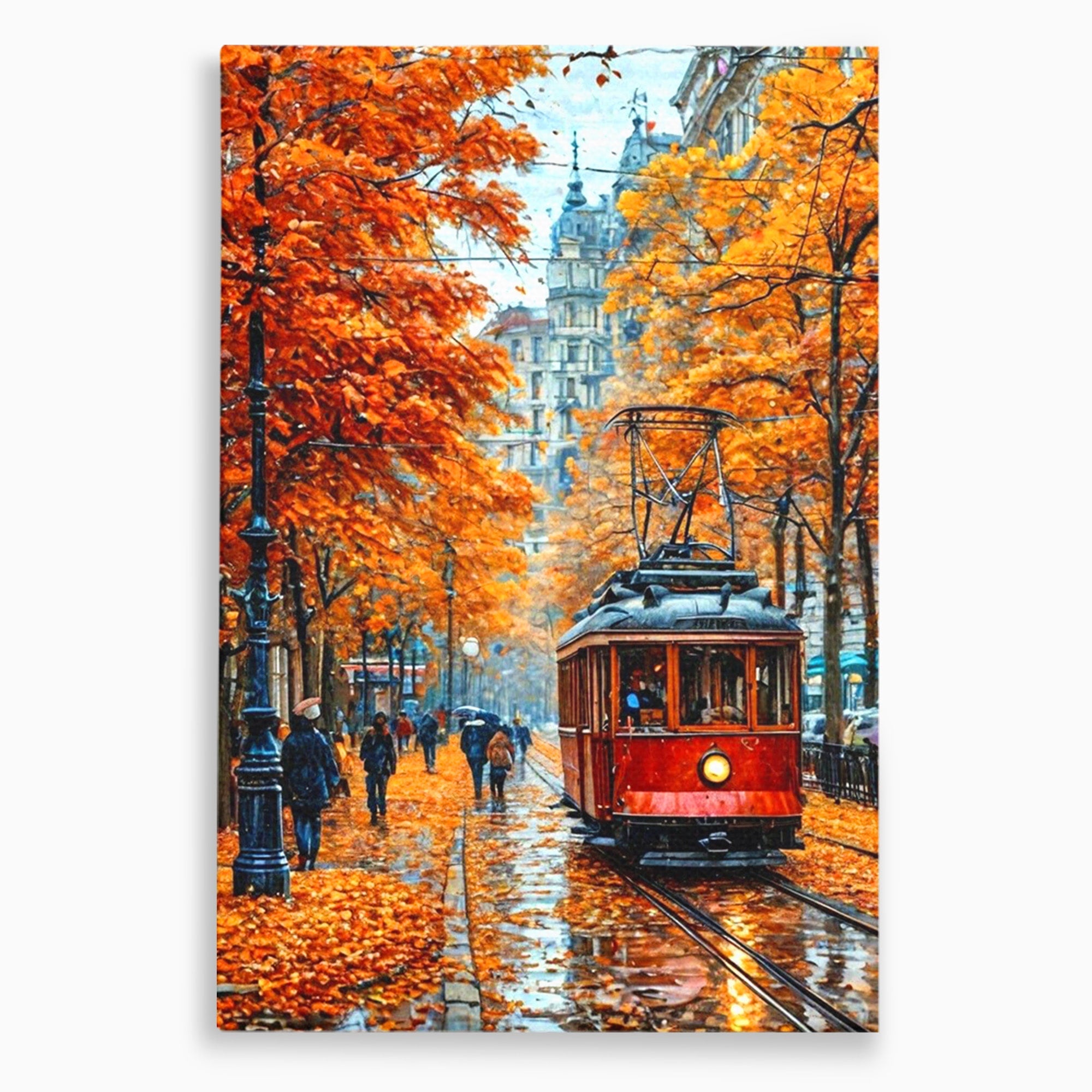 Tablou Canvas Premium LuxCanva® PI1139, Tramvai De Toamna, Sine, Calatorie, Oras, Peisaj Urban, Living, Culori Cald, Culori Vibrante