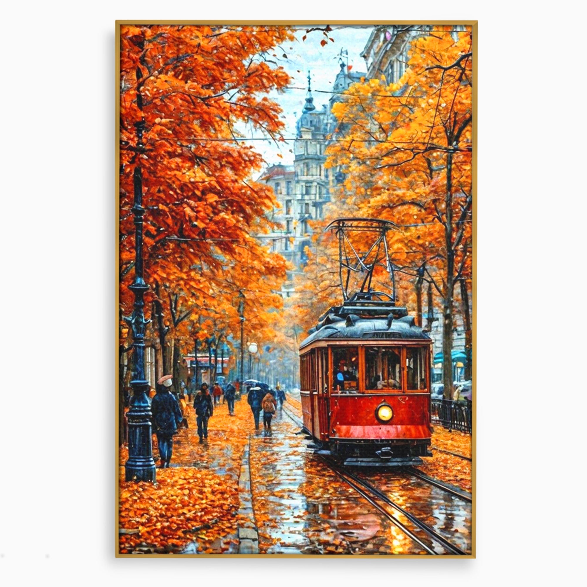 Tablou Canvas Premium LuxCanva® PI1139, Tramvai De Toamna, Sine, Calatorie, Oras, Peisaj Urban, Living, Culori Cald, Culori Vibrante