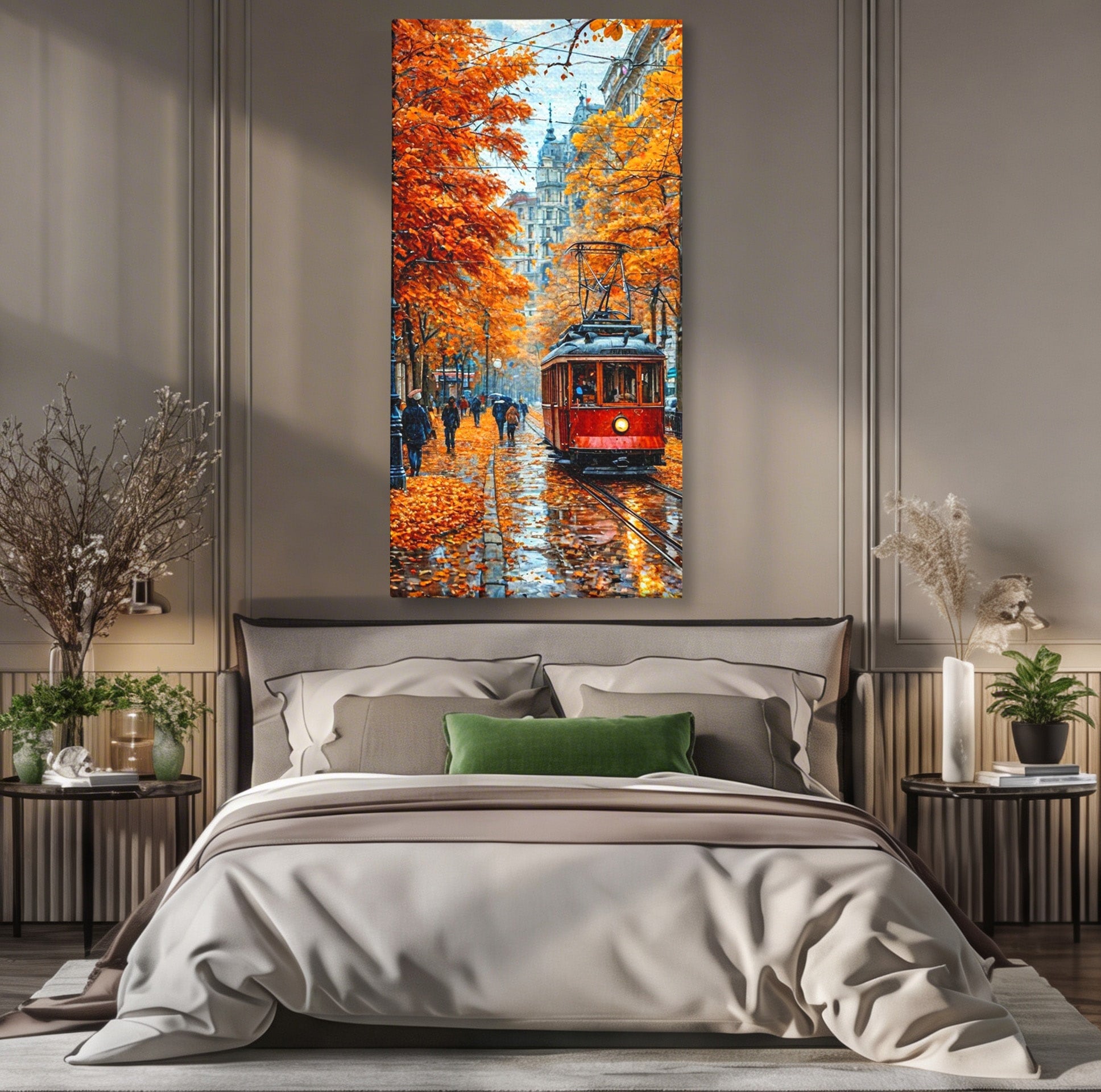 Tablou Canvas Premium LuxCanva® PI1139, Tramvai De Toamna, Sine, Calatorie, Oras, Peisaj Urban, Living, Culori Cald, Culori Vibrante